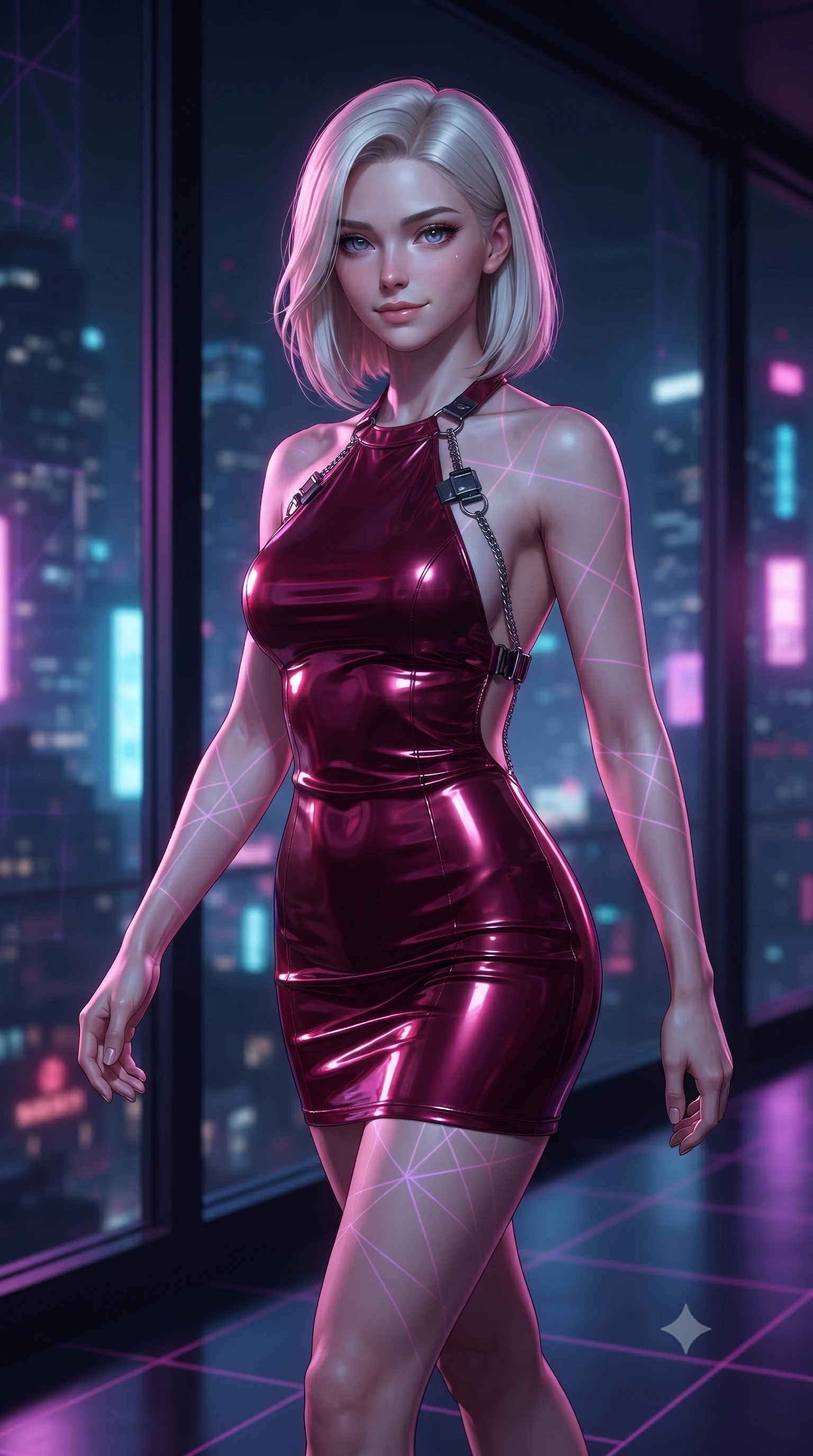 score_9, masterpiece, best quality, ultra-detailed, high-budget anime keyframe, editorial fashion photography, tasteful artistic composition, Caucasian woman. close-up cowboy shot from the waist and thighs up, the character dominates the composition, filling the frame with her large presence, background elements kept in soft focus. Smiling with quiet, magnetic self-assurance directly into the camera, walking past a panoramic glass wall looking out over a neon Cyber-Tokyo skyline, laser grid lines casting geometric violet patterns across her sleek gown. She has an exceptionally elegant, slender, and willowy female figure with an ultra-slim waist, a gracefully sculpted slender torso, and a refined silhouette. sharp v-shaped jawline, high-bridge nose, intricate jewel-like eyes with depth, thick eyelashes, glossy lips with a natural sheen. wearing backless liquid vinyl mini slip dress with bare shoulder halter neckline in deep crimson burgundy, made of high-gloss liquid vinyl, framed by dark titanium buckles and silver chain details, sculpting her athletic slender build with refined precision. bathed in high-contrast digital neon rim light and pitch-dark ambient shadows. ultra-reflective glossy finish, specular highlights, metallic sheen, high-contrast stereoscopic depth, volumetric dynamic lighting, 2k, ultra detail, master piece, 9:16 ratio