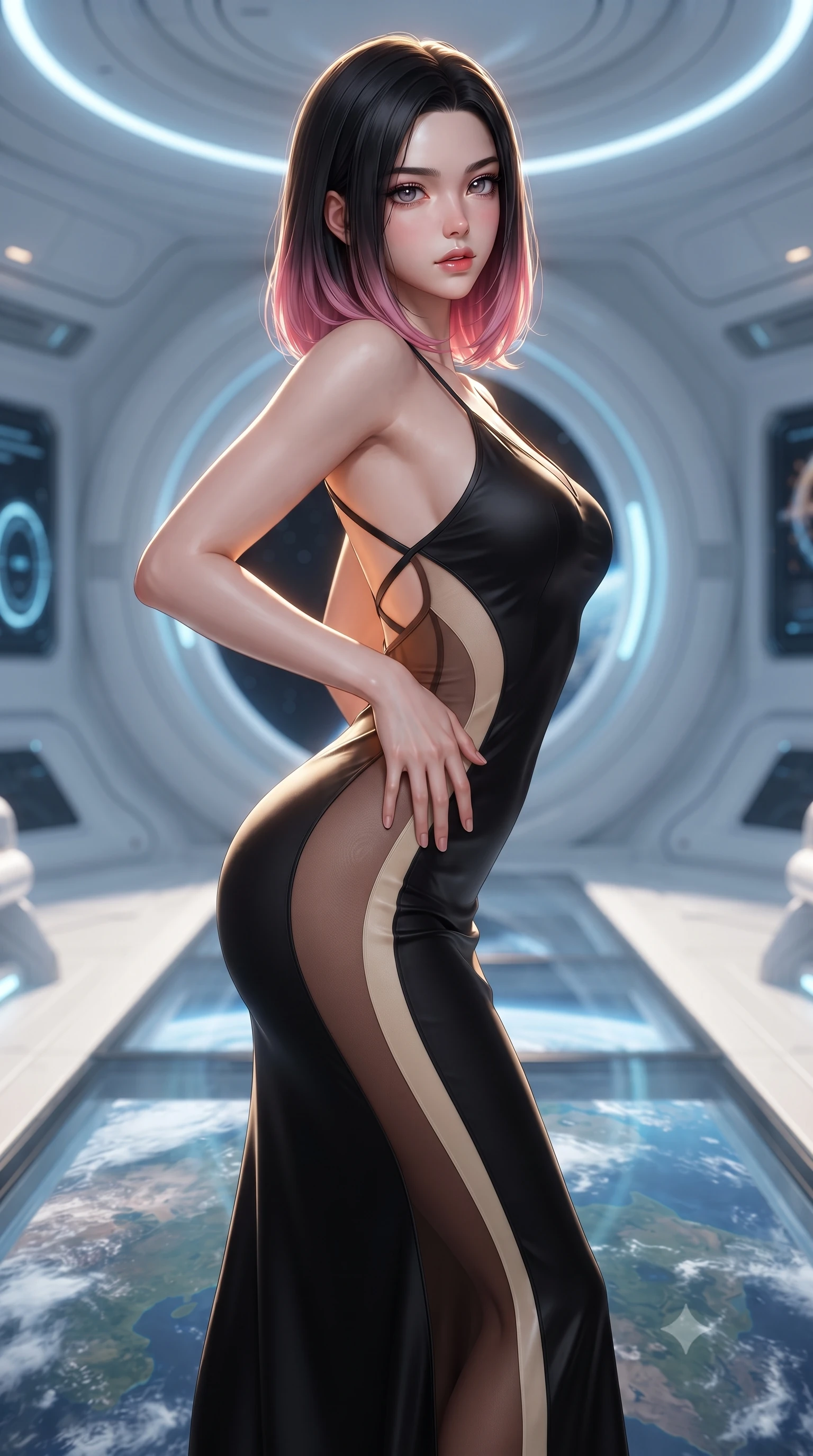 score_9, masterpiece, best quality, ultra-detailed, high-budget anime keyframe, editorial fashion photography, tasteful artistic composition, Korean woman. close-up cowboy shot from the waist and thighs up, the character dominates the composition, filling the frame with her large presence. arching her spine backward with effortless dancer poise, one hand sliding along her hip line as directional light carves specular highlights along her silhouette while standing poised on the magnetic observation deck, twisting her slender torso in an alluring S-curve as continents and cloud swirls drift beneath her feet. The composition keeps background elements in soft focus with creamy bokeh. sleek white space station bulkheads and glowing telemetry rings softened in futuristic shallow focus. She has an exceptionally elegant, slender, and willowy female figure with an ultra-slim waist, flat toned midriff, narrow ribcage, and sculpted feminine hips creating an alluring, slim hourglass silhouette without bulk. sharp v-shaped jawline, high-bridge nose, intricate jewel-like eyes with depth, thick eyelashes, glossy parted lips with a natural sheen, intensely captivating and seductive bedroom-eyes expression, flawlessly proportioned anatomical accuracy, strict slender model proportions, natural body alignment, perfectly sculpted long slender limbs, ultra-slim waistline, clean dynamic posture without body distortion. wearing a second-skin black silk jersey maxi dress with asymmetrical sheer mesh side panels tracing the full curve of her hip in rich equestrian cognac brown and crisp champagne cream, tailored from liquid silk jersey adhering flawlessly to her slender build, finished with criss-cross back satin straps highlighting her graceful shoulder blades, the liquid-tight tailored fabric clinging flawlessly to her narrow waist and rounded feminine hips, emphasizing every millimeter of her sculpted slim hourglass curves without any bulky heaviness. bathed in radiant golden orbital sunrise backlighting and ambient cool blue Earth glow from below. ultra-reflective glossy finish, specular highlights, rich textural contrasts, high-contrast stereoscopic depth, volumetric dynamic lighting, 2k, ultra detail, master piece, 9:16 ratio