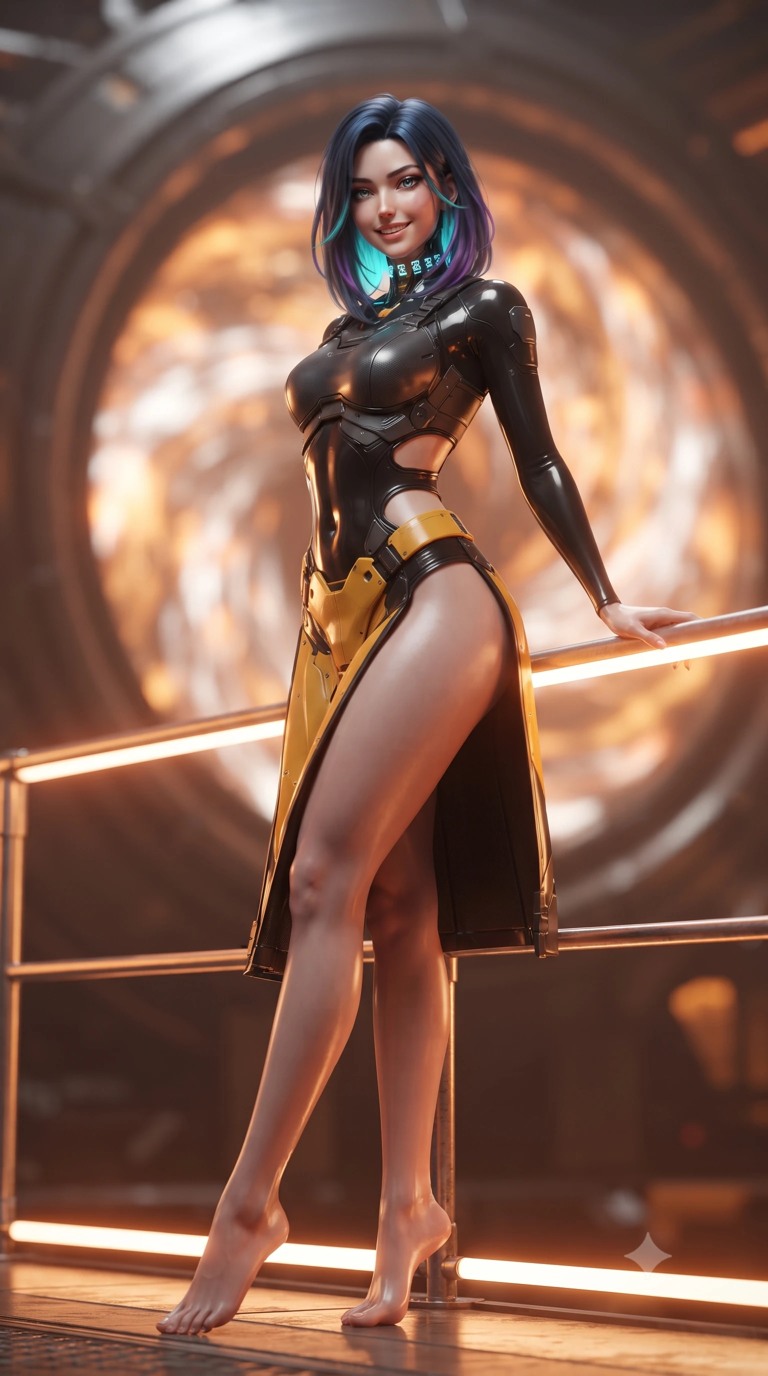 score_9, masterpiece, best quality, ultra-detailed, high-budget anime keyframe, editorial fashion photography, tasteful artistic composition, Caucasian woman. low angle full-body shot from head to toe showing her feet, filling the entire 9:16 vertical frame with her statuesque presence, stretching her vertical silhouette. leaning deep against the glowing energy conduit with hips cocked back in an unapologetically alluring high-fashion stance, flashing a warm beaming smile while standing in a tall confident posture with one hand on a glowing metal railing, stretching her statuesque body as the pulsating orange fusion core flares behind. The background shows a soft-focus the colossal magnetic containment ring and swirling orange-and-white fusion plasma vortex blurred into amber, gold, and incandescent white bokeh. She has an absolutely perfect, statuesque 8.5-heads proportion, an exceptionally tall and slender model-like female figure with impossibly long slender legs, an ultra-slim waist, a flat toned midriff, narrow delicate ribcage, and beautifully sculpted feminine hips creating a graceful, slim hourglass silhouette without any bulky heaviness. sharp v-shaped jawline, high-bridge nose, intricate jewel-like sparkling eyes with depth, thick eyelashes, glossy parted lips with a natural sheen, bright confident smile with an enchanting and coquettish sensual glint, exuding both youthful magnetic charm and sovereign high-tech allure, flawlessly proportioned anatomical accuracy, strict slender model proportions, natural body alignment, perfectly sculpted long slender limbs, ultra-slim waistline, clean dynamic posture without body distortion. wearing a cyber-samurai tactical suit featuring a shortened carbon chestplate and high-slit armored wrap skirt in industrial hazard yellow and matte carbon black, made of smooth liquid latex with high-contrast stereoscopic depth and wet shine, complemented by a high-tech holographic choker projecting miniature glyphs, the precision-cut side openings and low-back scoop framing her graceful spine and the sensual sweep of her slim, toned hips. bathed in shifting orange and white plasma flares casting high-contrast chiaroscuro shadows. ultra-reflective glossy finish, specular highlights, rich textural contrasts, high-contrast stereoscopic depth, volumetric dynamic lighting, 2k, ultra detail, master piece, 9:16 ratio