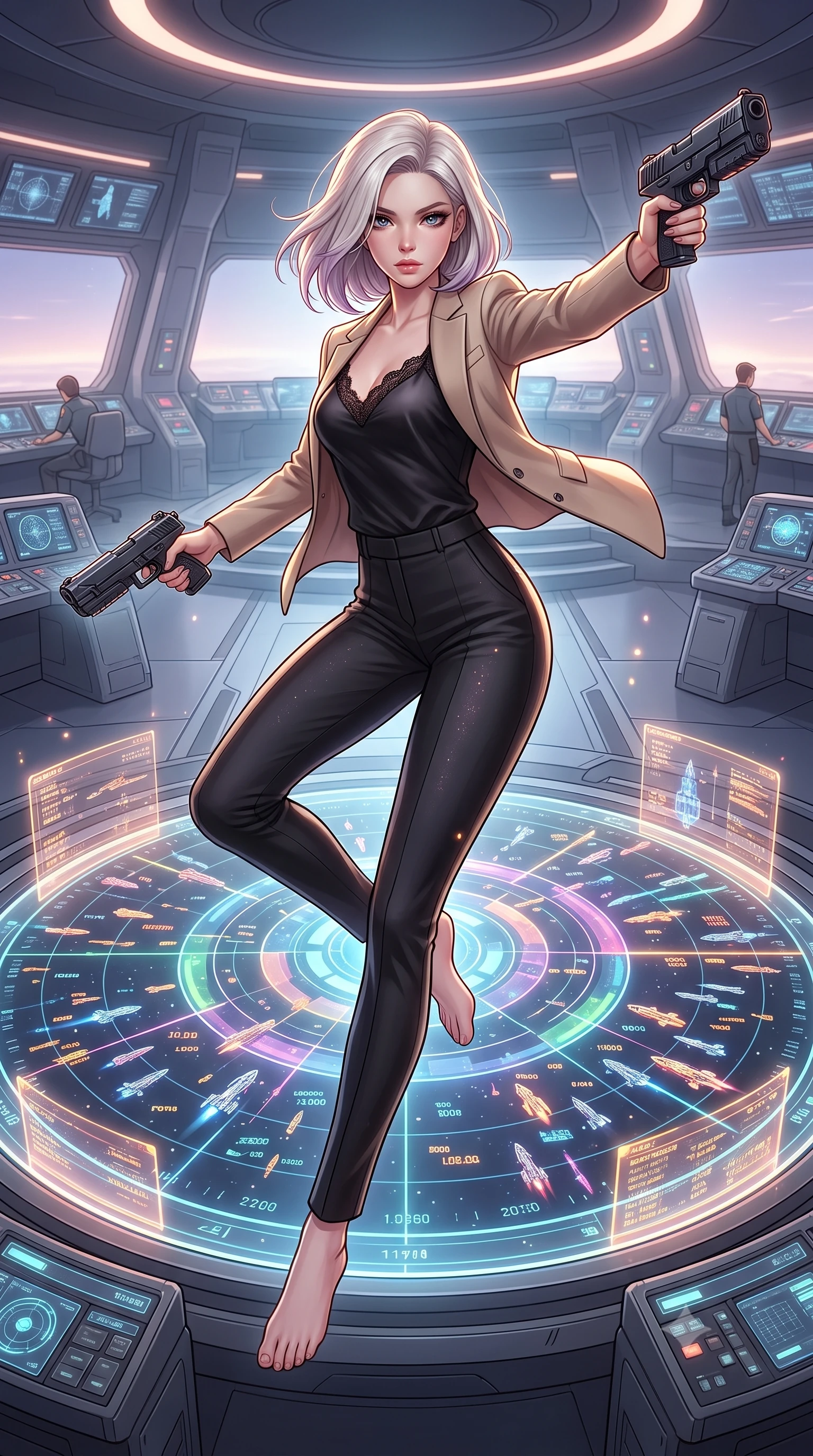 score_9, masterpiece, best quality, ultra-detailed, high-budget anime keyframe, editorial fashion photography, tasteful artistic composition, Caucasian woman, strictly human ears. low angle full-body shot from head to toe showing her feet, filling the entire 9:16 vertical frame with her statuesque presence, stretching her vertical silhouette. spinning mid-air in zero gravity to shoot in multiple directions, her silhouette stretched within the bridge of a colossal command cruiser, a giant circular holographic battle map in the center displaying starship fleets. She has a statuesque 8.5-heads proportion, an exceptionally tall, slender and willowy model-like build with impossibly long legs and a highly sculpted ultra-slim waist. sharp v-shaped jawline, high-bridge nose, intricate jewel-like eyes with depth, thick eyelashes, glossy lips with a natural sheen. wearing catching and diffusing the glowing particles, shimmering softly in response to the surrounding light, a tailored black fine lace-trimmed satin camisole layered under a structured beige blazer, paired with tailored pencil pants. highly saturated vibrant anime colors, intense vivid color palette, soft 3D volumetric shading, volumetric dynamic lighting, soft glowing ambient light with sharp side key light tracing the sleek contours of her figure. 2k, ultra detail, master piece, 9:16 ratio