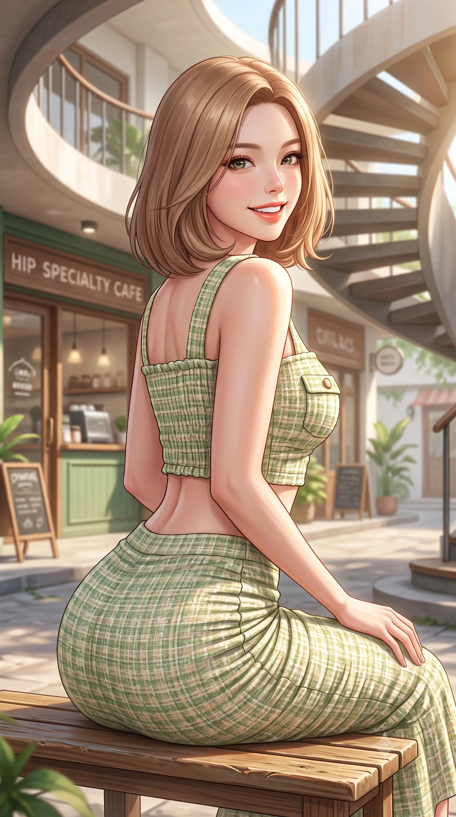 score_9, masterpiece, best quality, ultra-detailed, high-budget anime keyframe, semi-realistic 3D game render, editorial fashion photography, tasteful artistic composition, Korean woman. close-up cowboy shot from the waist and thighs up, the character dominates the composition, filling the frame with her large presence. posing in an alluring rear three-quarter angle, turning over a bare shoulder with an intoxicating cute smile, her hips cocked back to highlight her slim hourglass curve while sitting on a low teak bench in a lush tropical courtyard beneath curved Streamline Moderne spiral staircases, arching her back with a bright, charming smile. The composition keeps background elements in soft focus with dreamy creamy bokeh. hip specialty cafe storefronts and sunlit courtyards softened in chic tropical shallow focus. She has an exceptionally elegant, slender, and willowy female figure with an ultra-slim waist, flat toned midriff, narrow ribcage, and sculpted feminine hips creating an alluring, slim hourglass silhouette without bulk. sharp v-shaped jawline, high-bridge nose, intricate jewel-like sparkling eyes with depth, thick eyelashes, glossy parted lips with a natural peach sheen, bright cheerful beaming smile with an enchanting and coquettish sensual glint, exuding both youthful cute charm and seductive allure, flawlessly proportioned anatomical accuracy, strict slender model proportions, natural body alignment, perfectly sculpted long slender limbs, ultra-slim waistline, clean dynamic posture without body distortion. wearing a fitted square-neck smocked crop top paired with a curve-hugging ruched mermaid midi skirt in matcha green and warm ivory, tailored from soft pastel tweed with subtle metallic shimmer, finished with neat front wooden buttons and delicate pocket details, the form-fitting cut adhering flawlessly to her sculpted flat midriff and slender torso, emphasizing her long leg lines and perfectly proportioned willowy build. bathed in warm, luminous tropical morning sunlight streaming into the secluded courtyard. highly saturated vibrant anime colors, detailed shading with soft gradients, rich glossy textures, high-contrast stereoscopic depth, volumetric dynamic lighting, master piece, 9:16 ratio