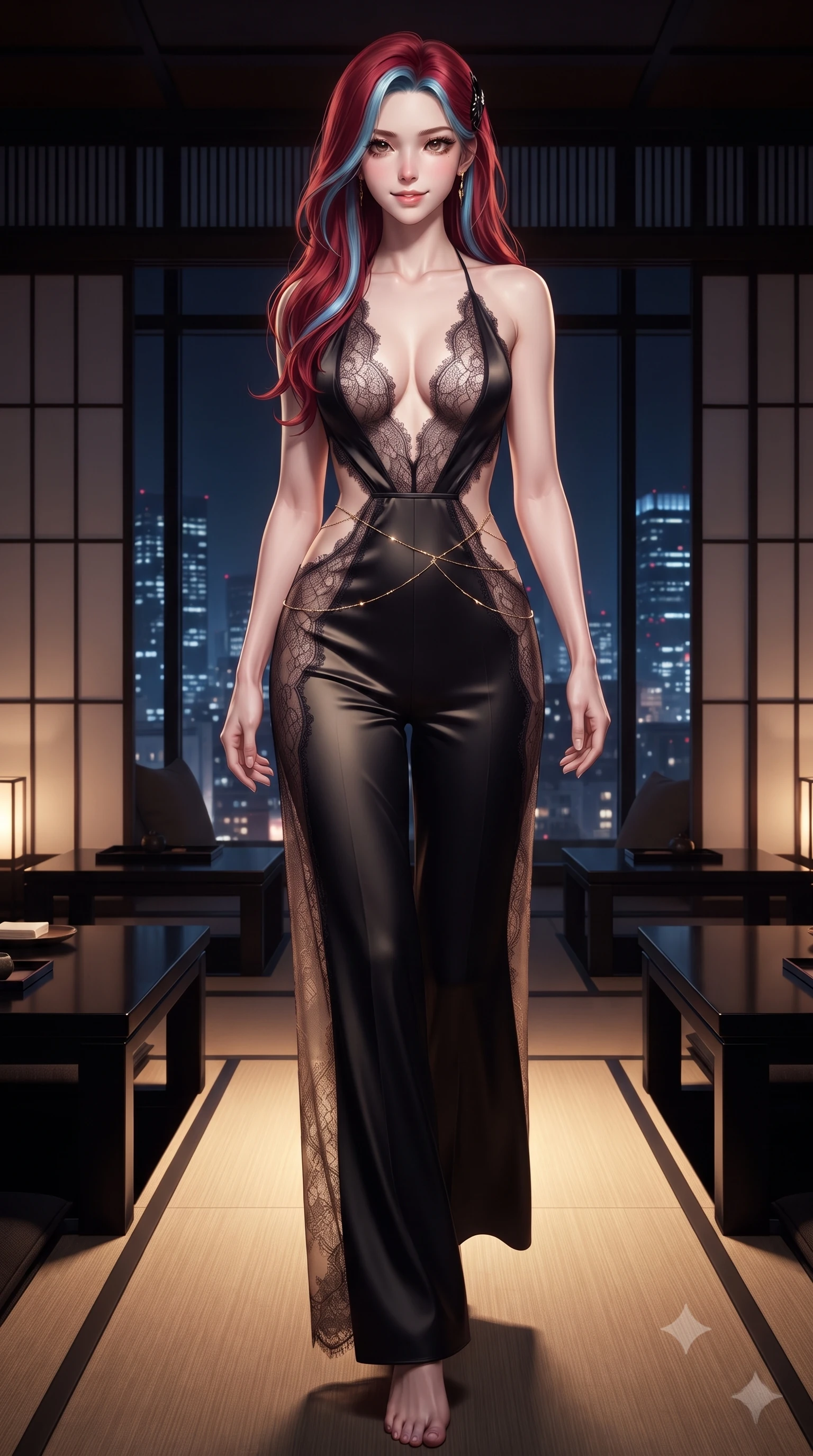 score_9, masterpiece, best quality, ultra-detailed, high-budget anime keyframe, editorial fashion photography, tasteful artistic composition, Caucasian woman. low angle full-body shot from head to toe showing her feet, filling the entire 9:16 vertical frame with her statuesque presence, stretching her vertical silhouette. stepping slowly toward the camera with hypnotic grace, hips swaying in an alluring sensual rhythm that accentuates her curvy hourglass silhouette and long slender legs while twisting her slender torso in an alluring contrapposto stance, low lacquered ebony tables and sliding smoked glass panels framing her curves. The surrounding environment is rendered in vivid detail and crisp panoramic clarity: detailed form-fitting modern cheongsam-cut silk mini dress tailoring, obsidian hair clip gleam, and Japanese luxury interior design in razor-sharp precision. She has an absolutely perfect, statuesque 8.5-heads proportion, an exceptionally tall and slender model-like female figure with impossibly long slender legs, an ultra-slim waist, a flat toned midriff, narrow delicate ribcage, and beautifully sculpted feminine hips creating a graceful, slim hourglass silhouette without any bulky heaviness. sharp v-shaped jawline, high-bridge nose, sparkling eyes with hypnotic seductive depth, thick curled eyelashes, glossy parted lips with a natural dewy peach sheen, alluring bedroom-eyes with an enchanting coquettish smile, exuding magnetic siren charisma and sophisticated glamour, flawlessly proportioned anatomical accuracy, strict slender model proportions, natural body alignment, perfectly sculpted long slender limbs, ultra-slim waistline, clean dynamic posture without body distortion. wearing a backless plunge-front silk satin jumpsuit with fluid wide-leg silhouette and side hip cutouts in midnight obsidian black and liquid champagne gold, made of delicate semi-sheer French Chantilly lace with intricate eyelash edges, accented with a dainty gold belly chain resting across her flat midriff and curving hips, the liquid-tight tailored fabric clinging flawlessly to her narrow waist and rounded feminine hips, emphasizing every millimeter of her sculpted slim hourglass curves without any bulky heaviness. bathed in dramatic low-level warm 3000K floor wash lights mixed with distant blue-and-white city skyline ambient fill. ultra-reflective glossy finish, specular highlights, rich textural contrasts, high-contrast stereoscopic depth, volumetric dynamic lighting, 2k, ultra detail, master piece, 9:16 ratio
