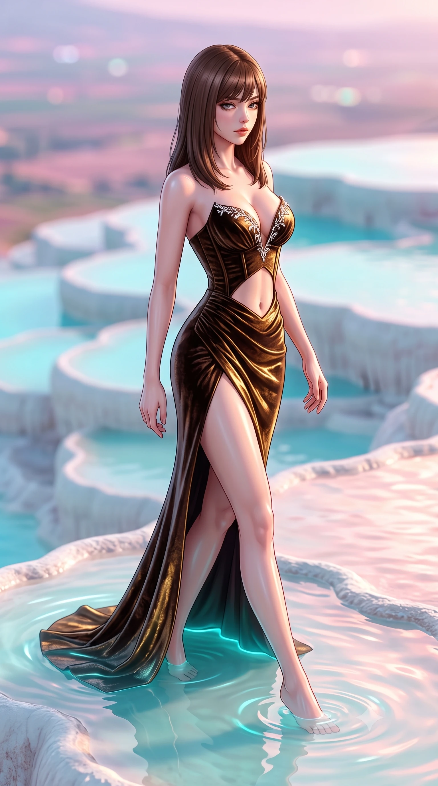 score_9, masterpiece, best quality, ultra-detailed, high-budget anime keyframe, semi-realistic 3D game render, editorial fashion photography, tasteful artistic composition, Korean woman. low angle full-body shot from head to toe showing her feet, filling the entire 9:16 vertical frame with her statuesque presence, stretching her vertical silhouette. striding forward in a proud supermodel runway stride, hips swaying in an alluring kinetic rhythm that accentuates her curvy hourglass silhouette while wading gracefully through a warm, milky-turquoise mineral pool on the terraced white travertine cliff, arching her back as sunset turns the water rose-gold. The composition keeps background elements in soft focus with creamy bokeh. cascading tiered milky-cyan mineral pools and vast Anatolian plains blurred into pastel pink, lavender, and opalescent turquoise bokeh. She has an exceptionally tall and slender model-like 8.5-heads proportion, an ultra-slim waist, a flat toned midriff, narrow delicate ribcage, and beautifully sculpted feminine hips creating a graceful, slim hourglass silhouette without any bulky heaviness, with impossibly long slender legs. sharp v-shaped jawline, high-bridge nose, intricate jewel-like eyes with depth, thick eyelashes, glossy parted lips with a natural sheen, intensely captivating and seductive bedroom-eyes expression, flawlessly proportioned anatomical accuracy, strict slender model proportions, natural body alignment, perfectly sculpted long slender limbs, ultra-slim waistline, clean dynamic posture without body distortion. wearing a deep sweetheart neckline crushed velvet corseted ballgown with an exposed midriff cutout in dark espresso brown and molten gold foil, tailored from liquid silk jersey adhering flawlessly to her slender build, finished with delicate crystal frost embroidery tracing the plunging neckline, the second-skin form-contouring cut accentuating her sculpted flat midriff, narrow delicate ribcage, and gracefully curvy hips with supermodel precision. illuminated by luminous turquoise water reflections sharply carving her razor-sharp jawline, narrow waist, and curvy hips. highly saturated vibrant anime colors, detailed shading with soft gradients, rich glossy textures, high-contrast stereoscopic depth, volumetric dynamic lighting, master piece, 9:16 ratio