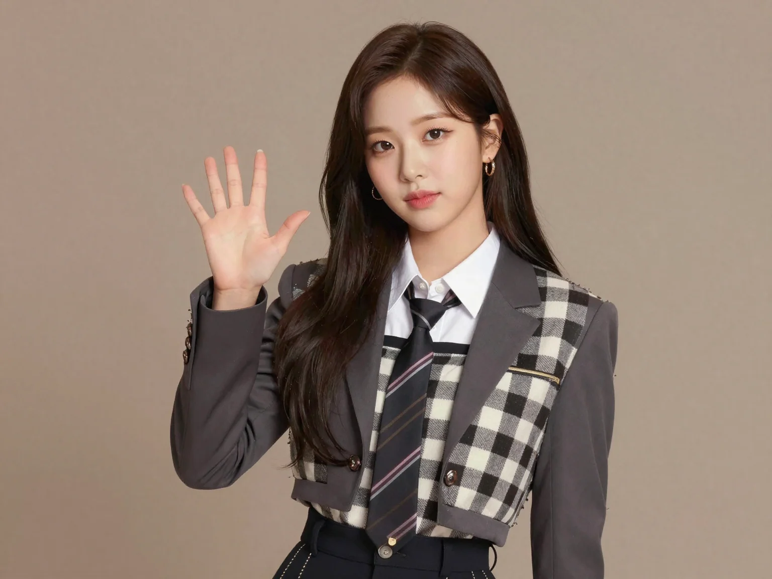 An illustration of a Korean female idol resembling Tzuyu from TWICE, wearing a fashionable outfit, looking at the viewer and waving with a full upper body shot.