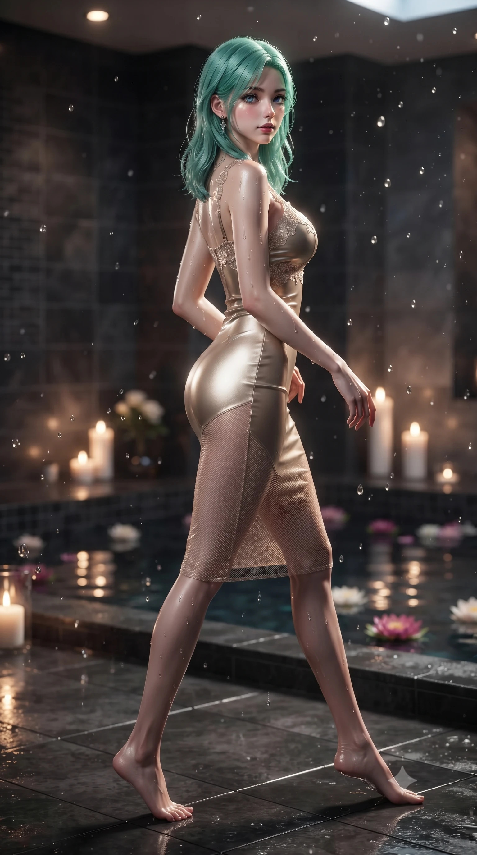 score_9, masterpiece, best quality, ultra-detailed, high-budget anime keyframe, editorial fashion photography, tasteful artistic composition, Japanese woman woman. low angle full-body shot from head to toe showing her feet, filling the entire 9:16 vertical frame with her statuesque presence, stretching her vertical silhouette. stepping gracefully while looking back over her shoulder, her dress draped tightly to reveal her silhouette the background shows a soft-focus a private indoor spa pool with dark tiled floors and floating flower blossoms. She has an absolutely perfect, statuesque 8.5-heads proportion, an exceptionally tall and slender model-like female figure with impossibly long slender legs and an ultra-slim waist. sharp v-shaped jawline, high-bridge nose, intricate jewel-like eyes with depth, thick eyelashes, glossy lips with a natural sheen. wearing a body-hugging delicate lace-accented slip dress in champagne gold, featuring a semi-transparent mesh underlay. soft flickering candle glow refracting through the moving water droplets. ultra-reflective glossy finish, specular highlights, metallic sheen, high-contrast stereoscopic depth, volumetric dynamic lighting, 2k, ultra detail, master piece, 9:16 ratio