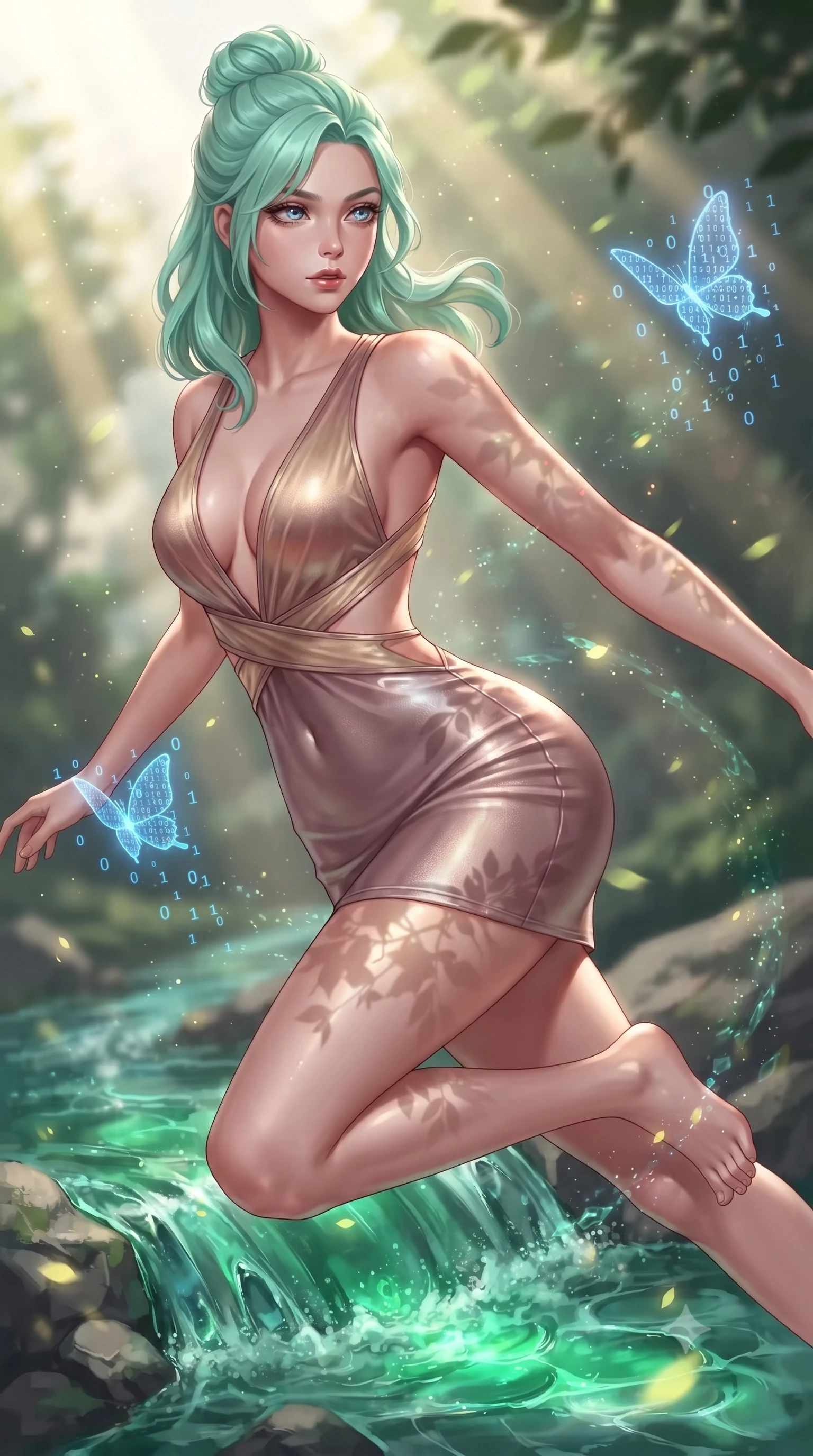 score_9, masterpiece, best quality, ultra-detailed, high-budget anime keyframe, editorial fashion photography, tasteful artistic composition, Japanese woman. close-up cowboy shot from the waist and thighs up, the character dominates the composition, filling the frame with her large presence, background elements kept in soft focus. Gazing past the lens with composed intensity as her torso curves dynamically in mid-motion while leaping gracefully over a hydro-flow crystal stream flowing with emerald liquid light, glowing pollen particles and binary code butterflies drifting around her form. She has an exceptionally elegant, slender, and willowy female figure with an ultra-slim waist, a gracefully sculpted slender torso, and a refined silhouette. sharp v-shaped jawline, high-bridge nose, intricate jewel-like eyes with depth, thick eyelashes, glossy lips with a natural sheen, flawlessly proportioned anatomical accuracy, natural body alignment, perfectly sculpted elegant limbs, clean dynamic posture without body distortion. wearing a liquid mercury gloss mini dress with ultra-deep V-neck and waist cutouts in dusty rose and champagne gold, woven from fine semi-opaque sheer organza, complemented by criss-cross back straps highlighting her bare shoulders, the tailored fabric tightly following every curve of her athletic build. illuminated by brilliant sunbeams casting organic leaf stencil shadows. ultra-reflective glossy finish, specular highlights, metallic sheen, high-contrast stereoscopic depth, volumetric dynamic lighting, 2k, ultra detail, master piece, 9:16 ratio