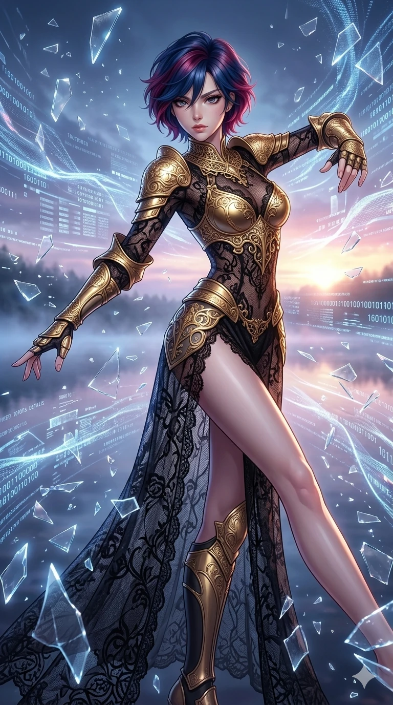 score_9, masterpiece, best quality, ultra-detailed, Set A: High-budget Anime Keyframe, Korean woman. Low angle cowboy shot filling the entire 9:16 frame with her statuesque presence. Casting a spell through a misty lakeside at dawn, with a massive holographic moon rising behind her marked as sector 163 and surrounded by shattered glass fragments. She has an absolutely perfect 8-heads proportion, an exceptionally tall and slender female figure with impossibly long slender legs and an ultra-slim waist. Sharp v-shaped jawline, high-bridge nose, intricate jewel-like eyes with depth, thick eyelashes, glossy lips with a natural sheen. Wearing Sheer corset top with high-waist tech-denim and heavy platform combat boots. Cinematic lighting, vibrant colors, dramatic shadows, 2k, ultra detail, master piece, 9:16 ratio