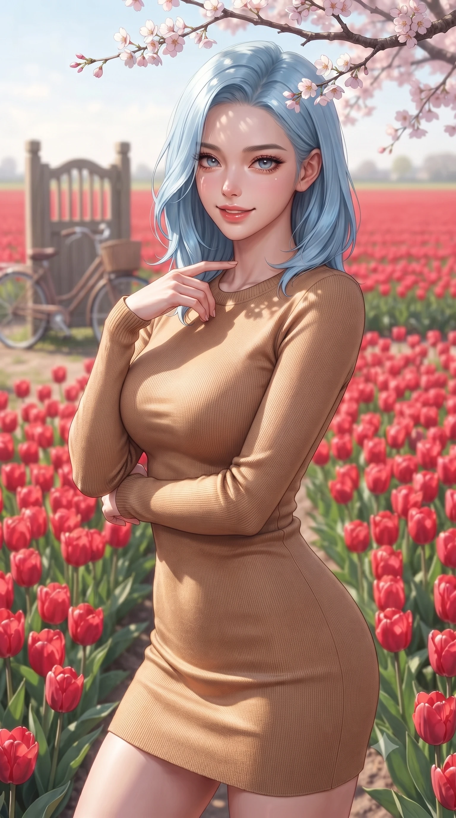 score_9, masterpiece, best quality, ultra-detailed, high-budget anime keyframe, editorial fashion photography, tasteful artistic composition, Korean woman. close-up cowboy shot from the waist and thighs up, the character dominates the composition, filling the frame with her large presence, background elements kept in soft focus. gently tracing her finger along her collarbone with a captivating, confident smile set against a soft-focus background of in a bright field of red tulips stretching to the horizon with a wooden garden gate and a vintage bicycle in the background. She has an exceptionally elegant, slender, and willowy female figure with an ultra-slim waist, a gracefully sculpted slender torso, and a refined silhouette. sharp v-shaped jawline, high-bridge nose, intricate jewel-like eyes with depth, thick eyelashes, glossy lips with a natural sheen. wearing tailored body-hugging long-sleeve knit dress in camel, outlining her slender silhouette. dappled sunlight filtering through the cherry blossom branches onto her face. highly saturated vibrant anime colors, detailed shading with soft gradients, rich glossy textures, high-contrast stereoscopic depth, volumetric dynamic lighting, master piece, 9:16 ratio