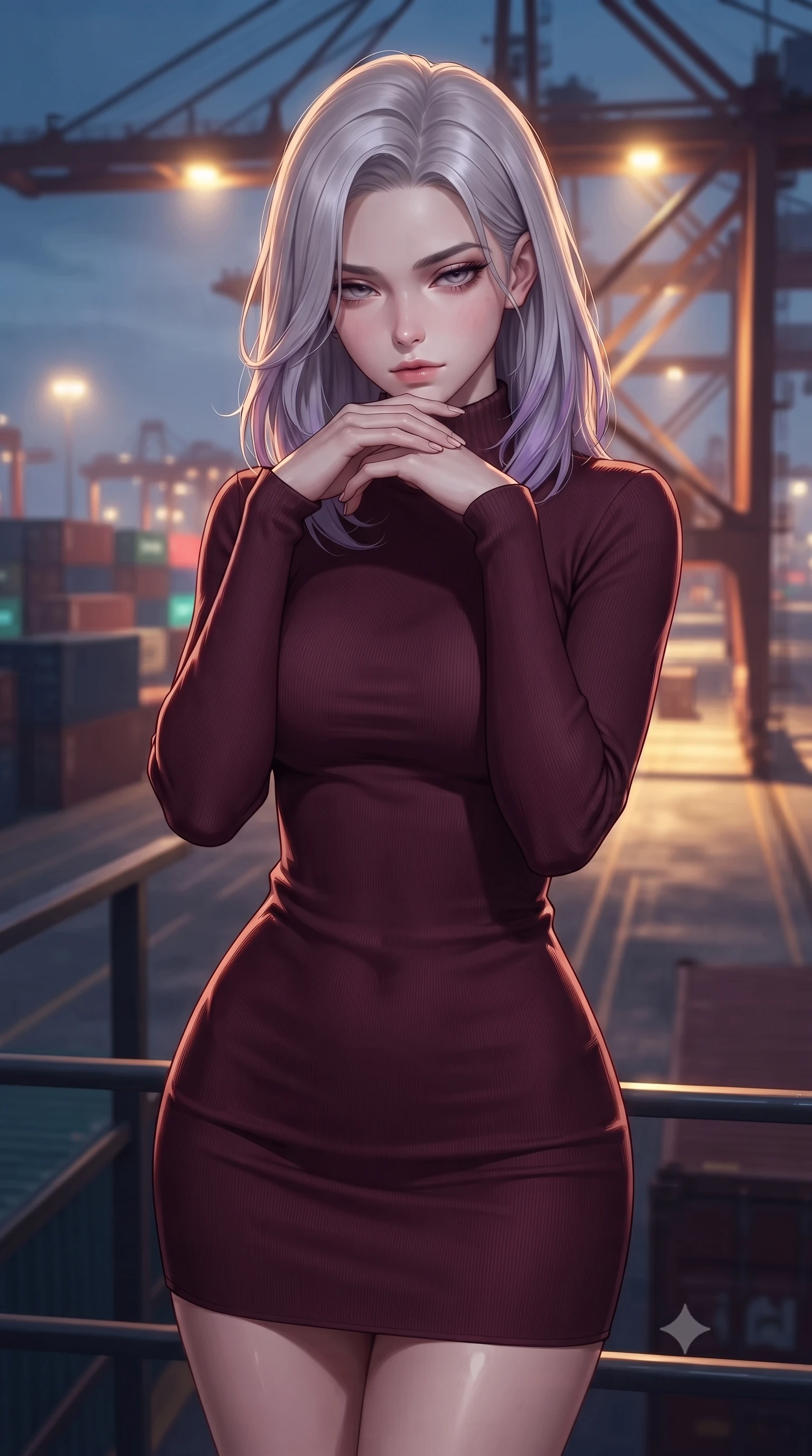 score_9, masterpiece, best quality, ultra-detailed, high-budget anime keyframe, editorial fashion photography, tasteful artistic composition, Caucasian woman. close-up cowboy shot from the waist and thighs up, the character dominates the composition, filling the frame with her large presence, background elements kept in soft focus. resting her chin on the backs of her fingers, casting a heavy-lidded, sultry look past the camera the background shows a soft-focus an industrial dock crane platform overlooking a neon container port at dusk. She has an exceptionally elegant, slender, and willowy female figure with an ultra-slim waist, a gracefully sculpted slender torso, and a refined silhouette. sharp v-shaped jawline, high-bridge nose, intricate jewel-like eyes with depth, thick eyelashes, glossy lips with a natural sheen. wearing a tailored form-contouring bodycon sweater dress in deep burgundy, featuring a snug mock-neck. harsh sodium yellow spotlights casting long dramatic industrial shadows. ultra-reflective glossy finish, specular highlights, metallic sheen, high-contrast stereoscopic depth, volumetric dynamic lighting, 2k, ultra detail, master piece, 9:16 ratio