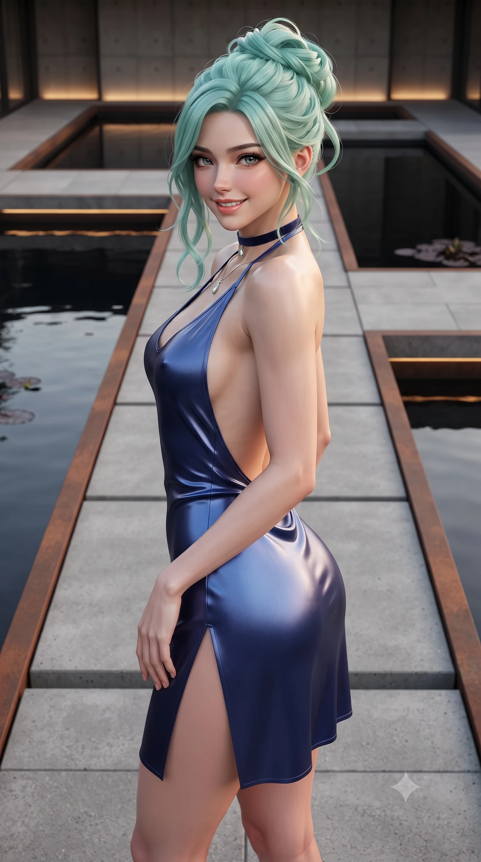 score_9, masterpiece, best quality, ultra-detailed, high-budget anime keyframe, editorial fashion photography, tasteful artistic composition, Japanese woman. close-up cowboy shot from the waist and thighs up, the character dominates the composition, filling the frame with her large presence. tilting her head with a teasing half-smile, running one hand slowly down the side of her hip in a flirtatious S-curve as ambient light caresses her silhouette while standing poised on the floating concrete walkway spanning the mirror-still black lily pond, arching her lower back with ultra-refined high-fashion poise. The surrounding environment is rendered in vivid detail and crisp panoramic clarity: sharp weathered Corten steel patina textures, pristine water reflection clarity, and geometric concrete pavers in deep focus. She has an exceptionally elegant, slender, and willowy female figure with an ultra-slim waist, flat toned midriff, narrow ribcage, and sculpted feminine hips creating an alluring, slim hourglass silhouette without bulk. sharp v-shaped jawline, high-bridge nose, intricate jewel-like sparkling eyes with depth, thick eyelashes, glossy parted lips with a natural peach sheen, bright cheerful beaming smile with an enchanting and coquettish sensual glint, exuding both youthful cute charm and seductive allure, flawlessly proportioned anatomical accuracy, strict slender model proportions, natural body alignment, perfectly sculpted long slender limbs, ultra-slim waistline, clean dynamic posture without body distortion. wearing a provocative backless halterneck silk lamé mini dress with deep scoop back down to her lower spine and thigh-high slit in Vltava misty twilight cobalt and polished brass, crafted from fluid liquid silk satin that clings smoothly to her narrow waist and rounded hips with a dewy sheen, finished with a thin velvet ribbon choker and a single teardrop diamond pendant, the precision-cut side openings and low-back scoop framing her graceful spine and the sensual sweep of her slim, toned hips. bathed in the warm 2700K linear architectural cove lights concealed beneath floating pathways. ultra-reflective glossy finish, specular highlights, rich textural contrasts, high-contrast stereoscopic depth, volumetric dynamic lighting, 2k, ultra detail, master piece, 9:16 ratio