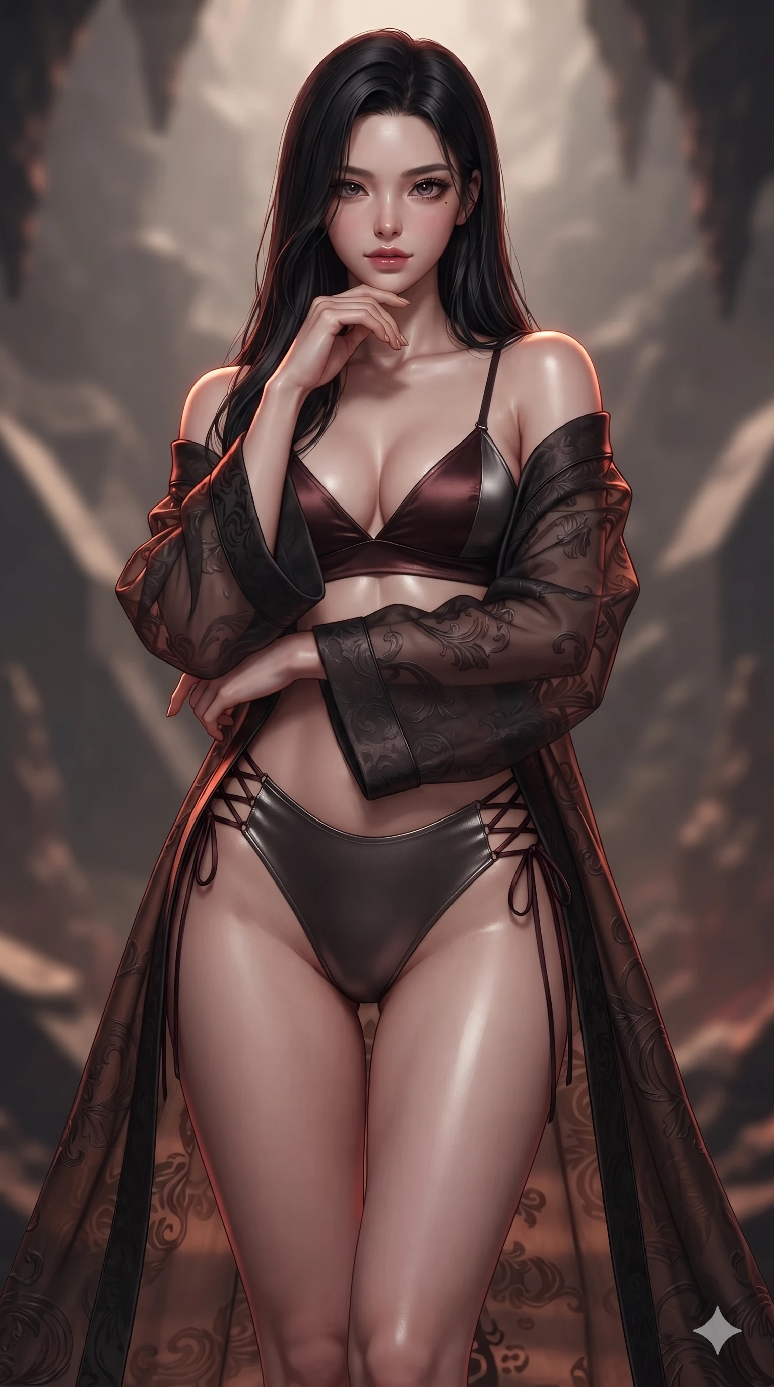 score_9, masterpiece, best quality, ultra-detailed, high-budget anime keyframe, editorial fashion photography, tasteful artistic composition, Korean woman. close-up cowboy shot from the waist and thighs up, the character dominates the composition, filling the frame with her large presence. resting her chin on the backs of her fingers with an air of effortless superiority and parted glossy lips while stepping down from column to column with feline poise, her long slender legs and curvy hips commanding the volcanic geometry. The background shows a soft-focus volcanic subterranean cavern softened in geometric geological shallow focus. She has an exceptionally elegant, slender, and willowy female figure with an ultra-slim waist, flat toned midriff, narrow ribcage, and sculpted feminine hips creating an alluring, slim hourglass silhouette without bulk. sharp v-shaped jawline, high-bridge nose, intricate jewel-like dark sparkling eyes with hypnotic seductive depth, thick curled eyelashes, glossy parted lips with a natural wine sheen, alluring bedroom-eyes with an enigmatic smoldering smile, exuding magnetic sovereign charisma and dark avant-garde glamour, flawlessly proportioned anatomical accuracy, strict slender model proportions, natural body alignment, perfectly sculpted long slender limbs, ultra-slim waistline, clean dynamic posture without body distortion. wearing a sheer gossamer organza evening kimono slipping off bare shoulders over a matching satin micro-bralette and briefs in dark mahogany and brushed gunmetal, tailored from rich silk jacquard with subtle embossed baroque patterns, featuring fine criss-cross lace-up side ties revealing tantalizing glimpses of her hip curve, the glove-like silhouette tightly following the natural contour of her hips and long slender legs with youthful 8.5-heads elegance. illuminated by volcanic stone bounce and sharp scarlet-amber rim lights defining her razor-sharp jawline, narrow waist, and curvy hips. ultra-reflective glossy finish, specular highlights, metallic sheen, high-contrast stereoscopic depth, volumetric dynamic lighting, 2k, ultra detail, master piece, 9:16 ratio