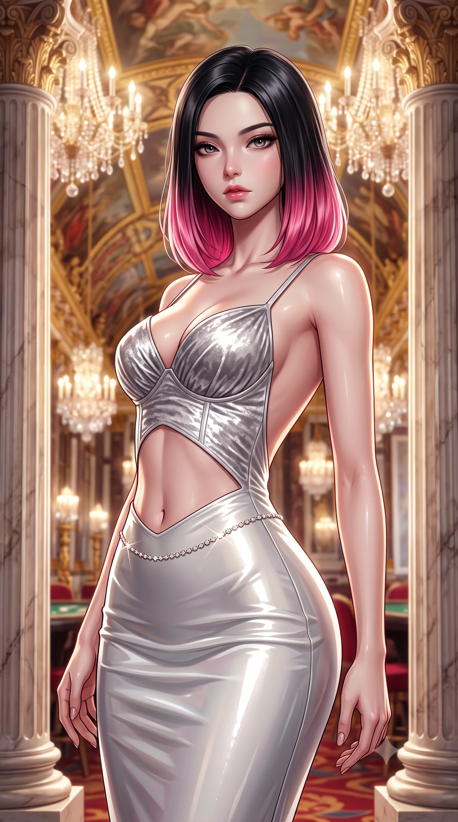 score_9, masterpiece, best quality, ultra-detailed, high-budget anime keyframe, semi-realistic 3D game render, editorial fashion photography, tasteful artistic composition, Korean woman. close-up cowboy shot from the waist and thighs up, the character dominates the composition, filling the frame with her large presence. leaning back with relaxed seductive grace, her sculpted collarbones and narrow waist highlighted as she casts smoldering bedroom-eyes directly into the camera while standing poised between towering marble Corinthian columns, twisting her slender torso in an alluring S-curve under cascading chandelier light. The composition keeps background elements in soft focus with creamy bokeh. glittering Bohemian crystal chandeliers and gilded frescoed casino ceilings blurred into dazzling champagne, ruby, and gold bokeh. She has an exceptionally elegant, slender, and willowy female figure with an ultra-slim waist, flat toned midriff, narrow ribcage, and sculpted feminine hips creating an alluring, slim hourglass silhouette without bulk. sharp v-shaped jawline, high-bridge nose, intricate jewel-like eyes with depth, thick eyelashes, glossy parted lips with a natural sheen, intensely captivating and seductive bedroom-eyes expression, flawlessly proportioned anatomical accuracy, strict slender model proportions, natural body alignment, perfectly sculpted long slender limbs, ultra-slim waistline, clean dynamic posture without body distortion. wearing a deep sweetheart neckline crushed velvet corseted ballgown with an exposed midriff cutout in shimmering silver mercury and pearl white, tailored from second-skin aerodynamic stretch vinyl with specular wet sheen, accented with a dainty diamond waist chain catching the ambient light reflections, the dramatically scooped open back descending to the base of her spine, accentuating her razor-sharp statuesque lines and slim hourglass silhouette. illuminated by crisp directional spotlights sharply defining her sculpted collarbones, ultra-slim waist, and curvy hips. highly saturated vibrant anime colors, detailed shading with soft gradients, rich glossy textures, high-contrast stereoscopic depth, volumetric dynamic lighting, master piece, 9:16 ratio