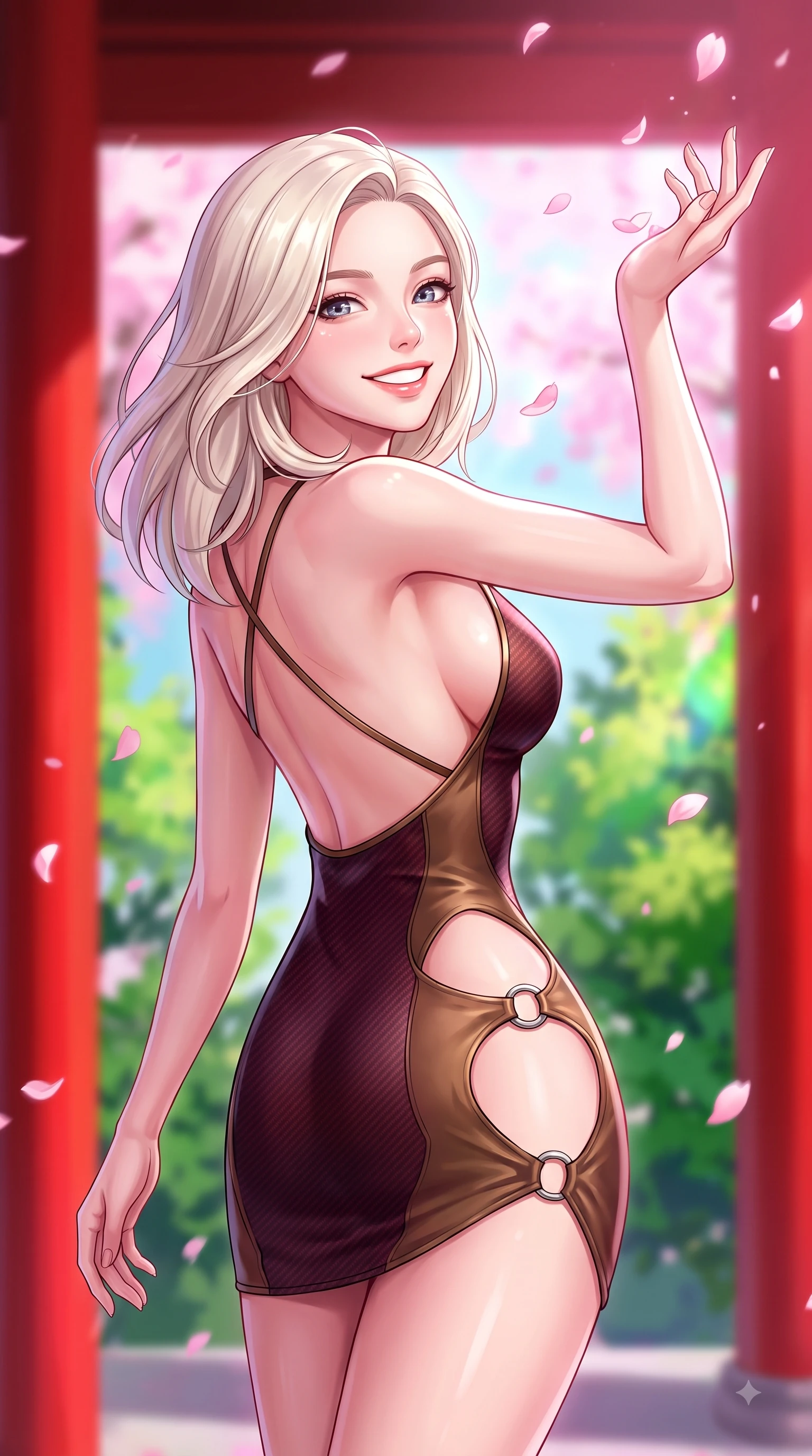 score_9, masterpiece, best quality, ultra-detailed, high-budget anime keyframe, editorial fashion photography, tasteful artistic composition, Caucasian woman. close-up cowboy shot from the waist and thighs up, the character dominates the composition, filling the frame with her large presence, background elements kept in soft focus. Radiant bright smile with sparkling eyes directed right into the lens, her torso turning in a dynamic S-curve alignment while reaching her hand up playfully to catch falling pink cherry blossom petals in a spring breeze, red vermilion pavilion columns contrasting vividly with green spring foliage. She has an exceptionally elegant, slender, and willowy female figure with an ultra-slim waist, a gracefully sculpted slender torso, and a refined silhouette. sharp v-shaped jawline, high-bridge nose, intricate jewel-like eyes with depth, thick eyelashes, glossy lips with a natural sheen, flawlessly proportioned anatomical accuracy, natural body alignment, perfectly sculpted elegant limbs, clean dynamic posture without body distortion. wearing a deep-scoop halter bodycon dress with hip cutouts connected by silver rings in deep burgundy and bronze, made of fine carbon-fiber weave and soft matte leather, complemented by criss-cross back straps highlighting her bare shoulders, the glove-like fit emphasizing her statuesque silhouette during motion. illuminated by soft glowing pink ambient light and clear sky refractions. highly saturated vibrant anime colors, detailed shading with soft gradients, rich glossy textures, high-contrast stereoscopic depth, volumetric dynamic lighting, master piece, 9:16 ratio