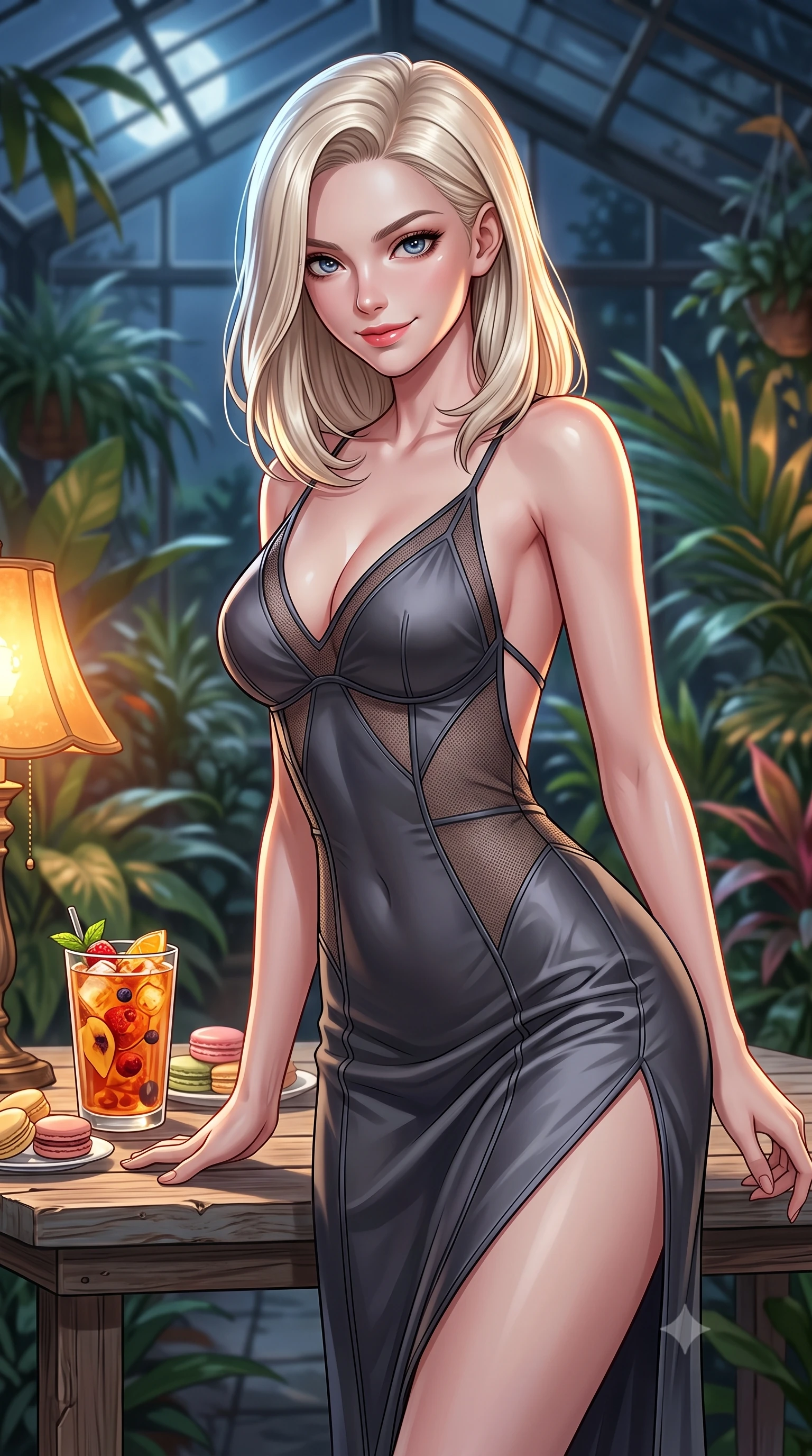 score_9, masterpiece, best quality, ultra-detailed, high-budget anime keyframe, editorial fashion photography, tasteful artistic composition, Caucasian woman. close-up cowboy shot from the waist and thighs up, the character dominates the composition, filling the frame with her large presence, background elements kept in soft focus. leaning slightly forward over the table with a playful, magnetic smile that locks direct eye contact set against a soft-focus background of inside an exclusive botanical greenhouse with a glass of iced fruit tea and delicate macaron pastries arranged on the table. She has an exceptionally elegant, slender, and willowy female figure with an ultra-slim waist, a gracefully sculpted slender torso, and a refined silhouette. sharp v-shaped jawline, high-bridge nose, intricate jewel-like eyes with depth, thick eyelashes, glossy lips with a natural sheen. wearing form-contouring charcoal contouring mesh open-back silk slip dress featuring a deep V-neckline and a leg-lengthening side slit featuring refined tailored seams. illuminated by soft silver moonlight contrasting with the warm amber glow of a nearby lamp. highly saturated vibrant anime colors, detailed shading with soft gradients, rich glossy textures, high-contrast stereoscopic depth, volumetric dynamic lighting, master piece, 9:16 ratio