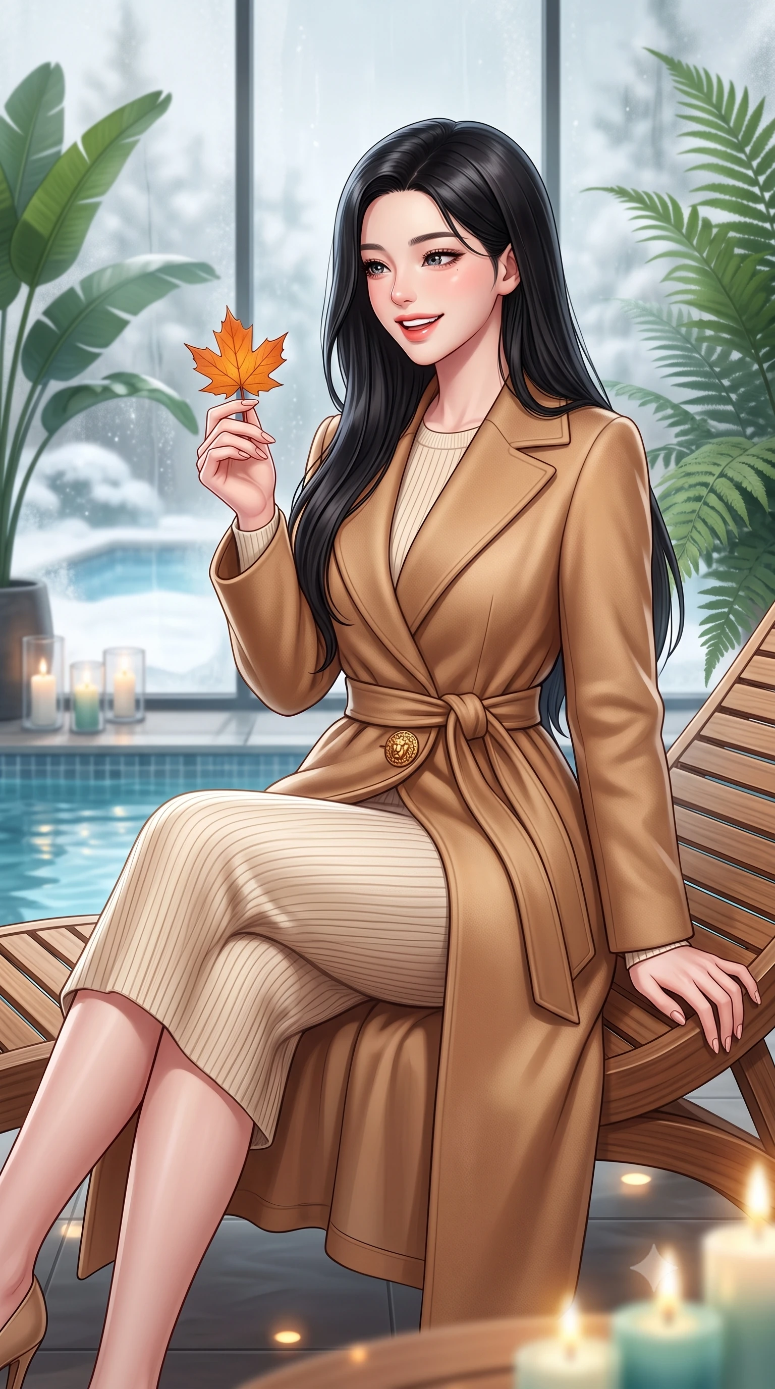 score_9, masterpiece, best quality, ultra-detailed, high-budget anime keyframe, semi-realistic 3D game render, editorial fashion photography, tasteful artistic composition, Korean woman. close-up cowboy shot from the waist and thighs up, the character dominates the composition, filling the frame with her large presence. holding a single autumn leaf delicately between manicured fingers, admiring it with a cheerful, parted-lip smile while sitting gracefully on an ergonomic teak chaise lounge beside the thermal relaxation pool, wrapped in a plush cashmere robe coat with quiet luxury. The background shows a soft-focus steaming outdoor snow pools seen through glass, lush indoor banana palms and ferns, and soft candlelight blurred into jade, azure, and vaporous white bokeh. She has an exceptionally elegant, slender, and willowy female figure with an ultra-slim waist, flat toned midriff, narrow ribcage, and sculpted feminine hips creating an alluring, slim hourglass silhouette without bulk. sharp v-shaped jawline, high-bridge nose, intricate jewel-like sparkling eyes with depth, thick eyelashes, glossy parted lips with a natural peach sheen, bright cheerful beaming smile with an enchanting and coquettish sensual glint, exuding both youthful cute charm and seductive allure, flawlessly proportioned anatomical accuracy, strict slender model proportions, natural body alignment, perfectly sculpted long slender limbs, ultra-slim waistline, clean dynamic posture without body distortion. wearing a tailored belted cashmere wrap coat in warm camel layered over a fine ribbed knit midi dress in soft champagne ivory and warm biscuit beige, woven from fine Australian merino wool with a smooth fluid drape and subtle sheen, accented with an ornate 24k gold lion-embossed crest button along the front closure, the precision-cut high-waisted tailoring accentuating her ultra-slim waist and long slender leg line with immaculate aristocratic poise. bathed in calm diffused winter daylight filtering through steamy glass panes combined with warm 2800K recessed floor lights. highly saturated vibrant anime colors, detailed shading with soft gradients, rich glossy textures, high-contrast stereoscopic depth, volumetric dynamic lighting, master piece, 9:16 ratio