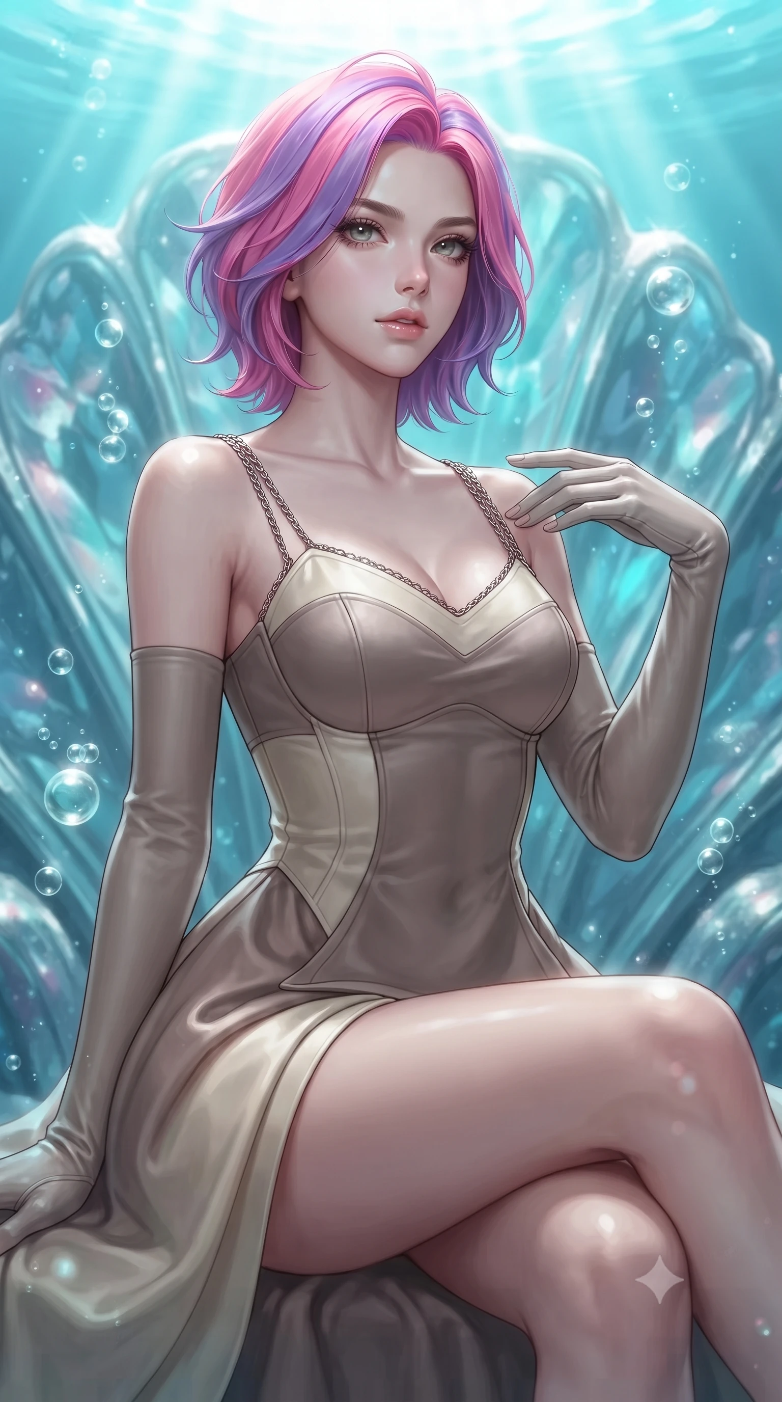 score_9, masterpiece, best quality, ultra-detailed, high-budget anime keyframe, editorial fashion photography, tasteful artistic composition, Caucasian woman. close-up cowboy shot from the waist and thighs up, the character dominates the composition, filling the frame with her large presence, background elements kept in soft focus. Gazing past the camera with an air of effortless elegance and mysterious confidence poised on an abyssal prism shell throne bathed in sunlit ocean rays, rising bioluminescent bubbles casting soft pearl-like highlights. She has an exceptionally elegant, slender, and willowy female figure with an ultra-slim waist, a gracefully sculpted slender torso, and a refined silhouette. sharp v-shaped jawline, high-bridge nose, intricate jewel-like eyes with depth, thick eyelashes, glossy lips with a natural sheen. wearing a modern fusion silk hanbok dress with a structured bodice in muted taupe and soft ivory, formed from sleek second-skin neoprene, adorned with delicate metallic chain straps along the neckline, the glove-like fit emphasizing her statuesque silhouette. bathed in brilliant underwater sunbeams and soft turquoise caustic glow. ultra-reflective glossy finish, specular highlights, metallic sheen, high-contrast stereoscopic depth, volumetric dynamic lighting, 2k, ultra detail, master piece, 9:16 ratio