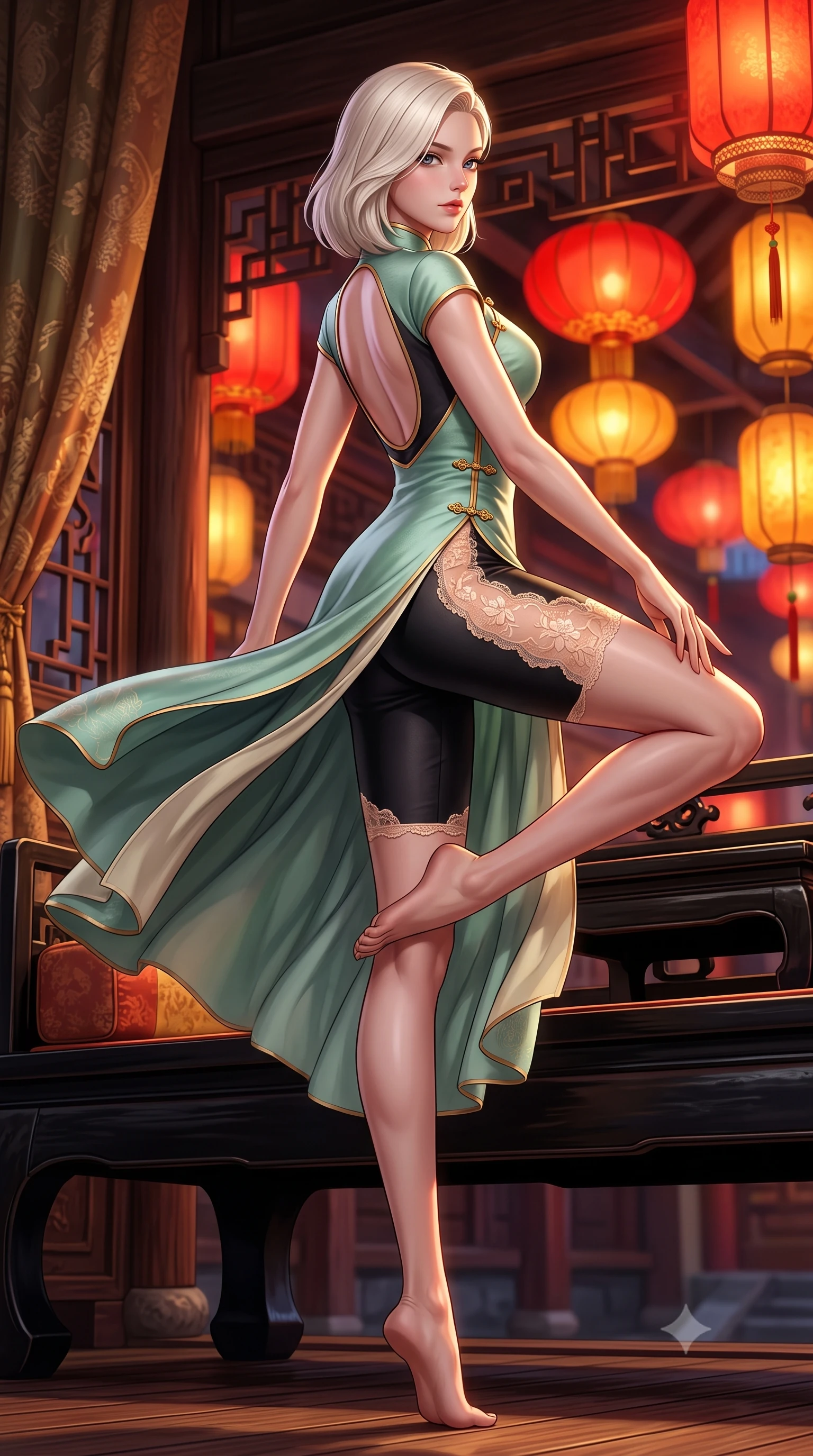 score_9, masterpiece, best quality, ultra-detailed, high-budget anime keyframe, semi-realistic 3D game render, editorial fashion photography, tasteful artistic composition, Caucasian woman. low angle full-body shot from head to toe showing her feet, filling the entire 9:16 vertical frame with her statuesque presence, stretching her vertical silhouette. executing a graceful dancer pivot turn as her layered silk chima skirt flutters around her slender legs, glancing over her shoulder with an intoxicating bedroom-gaze while lounging in an antique black lacquer daybed with one knee drawn up, her modern high-slit cheongsam displaying her long slender legs. The surrounding environment is rendered in vivid detail and crisp panoramic clarity: detailed silk satin weave, glowing lantern highlights on skin, and historic Chinese water village architecture in high resolution. She has an absolutely perfect, statuesque 8.5-heads proportion, an exceptionally tall and slender model-like female figure with impossibly long slender legs, an ultra-slim waist, a flat toned midriff, narrow delicate ribcage, and beautifully sculpted feminine hips creating a graceful, slim hourglass silhouette without any bulky heaviness. sharp v-shaped jawline, high-bridge nose, intricate jewel-like dark sparkling almond eyes with depth, thick lashes, glossy parted lips with a natural rose-plum sheen, bright alluring and coquettish smile with bedroom-eyes, exuding both timeless oriental elegance and sovereign high-fashion allure, flawlessly proportioned anatomical accuracy, strict slender model proportions, natural body alignment, perfectly sculpted long slender limbs, ultra-slim waistline, clean dynamic posture without body distortion. wearing a second-skin black silk jersey catsuit with delicate oriental floral lace panels along the ribs and thighs in warm peach apricot and soft vanilla silk, tailored from smooth celadon raw silk with natural organic slub texture, accented with intricate gold frog buttons and a delicate mandarin collar, the precision-cut side hip slits and low-back scoop framing her graceful spine and the sensual sweep of her slim, toned hips. illuminated by red lantern glow and sharp amber-gold rim lights defining her sculpted collarbones, ultra-slim waist, and curvy hips. highly saturated vibrant anime colors, detailed shading with soft gradients, rich glossy textures, high-contrast stereoscopic depth, volumetric dynamic lighting, master piece, 9:16 ratio