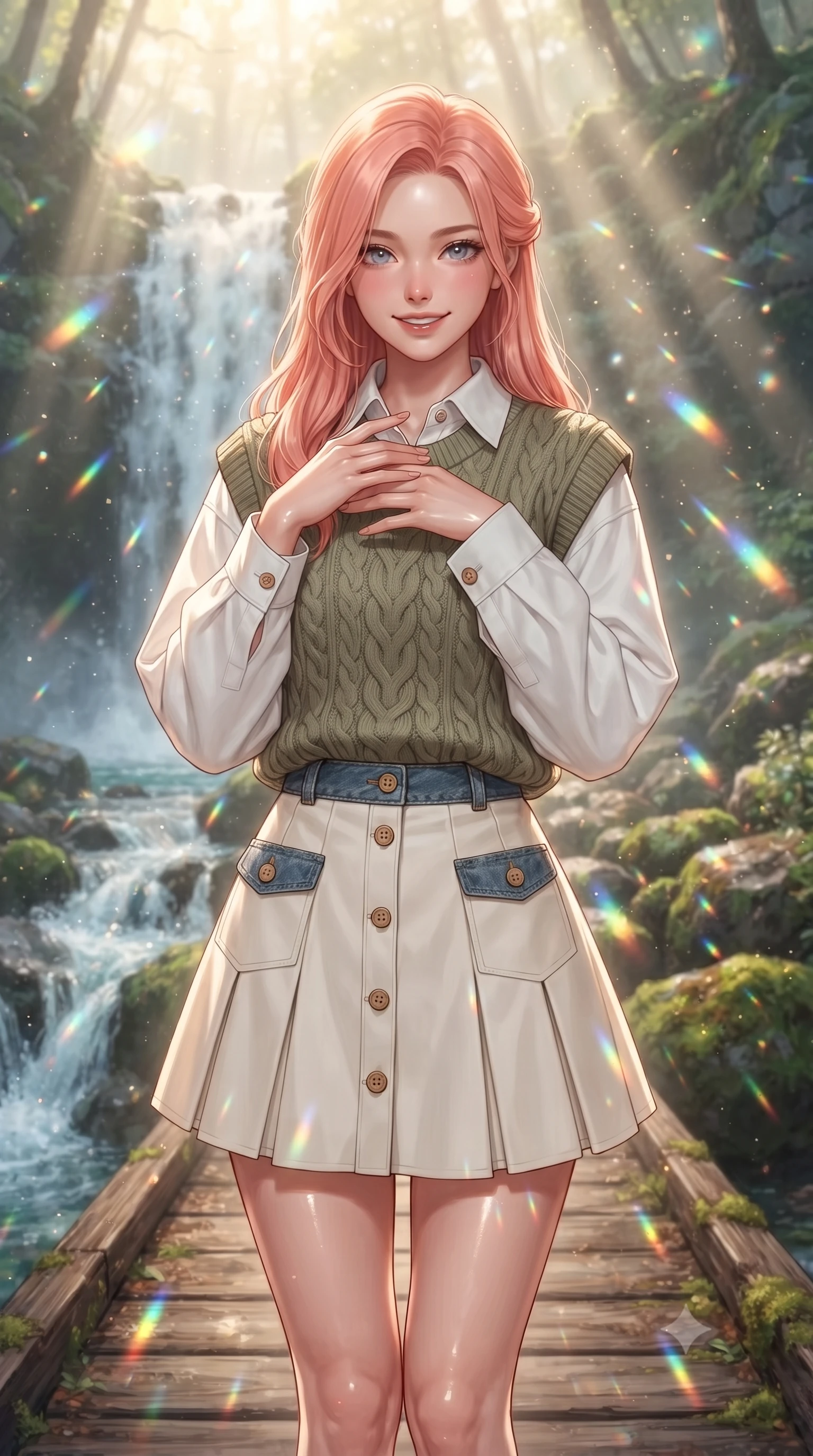 score_9, masterpiece, best quality, ultra-detailed, high-budget anime keyframe, editorial fashion photography, tasteful artistic composition, Japanese woman. close-up cowboy shot from the waist and thighs up, the character dominates the composition, filling the frame with her large presence. holding her hands loosely near her heart with an enchanting, affectionate gaze looking directly into the lens while standing poised on a rustic cedar footbridge spanning a crystal-clear cascading waterfall with a delighted smile. The composition keeps background elements in soft focus with creamy bokeh. sparkling waterfall mist and floating forest moisture scattering shimmering rainbow light motes. She has an exceptionally elegant, slender, and willowy female figure with an ultra-slim waist, a gracefully sculpted slender torso, toned flat midriff, and a refined slim silhouette. sharp v-shaped jawline, high-bridge nose, intricate jewel-like eyes with depth, thick eyelashes, glossy lips with a natural sheen, pure and lovely fresh girlhood expression, flawlessly proportioned anatomical accuracy, strict slender model proportions, natural body alignment, perfectly sculpted long slender limbs, ultra-slim waistline, clean dynamic posture without body distortion. wearing a cozy cable-knit sweater vest layered over an oversized crisp white shirt and a pleated tennis skirt in muted olive green and ivory cotton, made of comfortable premium stretch denim and airy cotton-jersey, finished with neat natural wooden buttons and patch pocket details, the relaxed yet flattering fit accentuating her naturally graceful and slender figure, highlighting her youthful charm and lovely silhouette. bathed in ethereal sunbeams piercing through waterfall mist, creating radiant rainbow refractions. ultra-reflective glossy finish, specular highlights, rich natural textures, high-contrast stereoscopic depth, volumetric dynamic lighting, 2k, ultra detail, master piece, 9:16 ratio