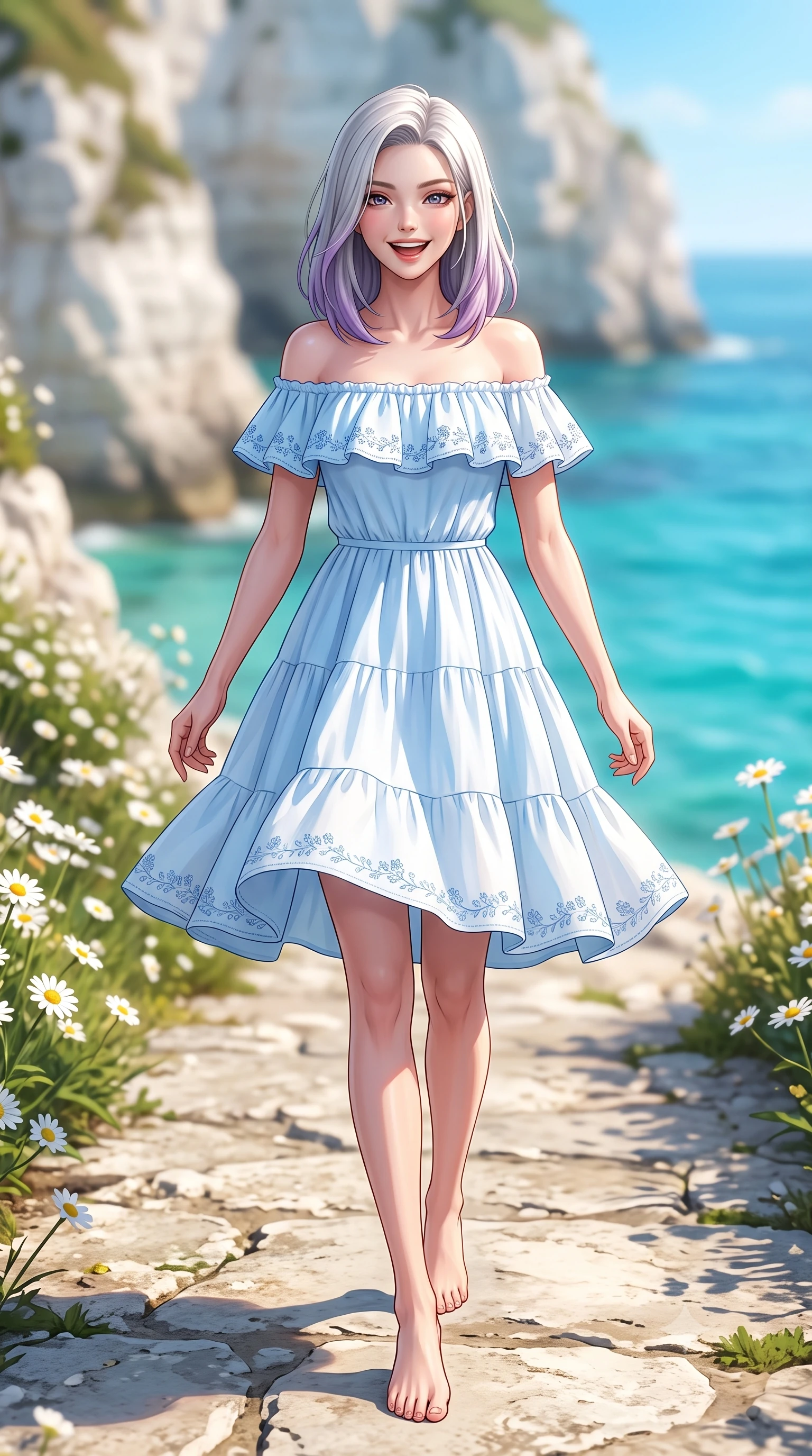 score_9, masterpiece, best quality, ultra-detailed, high-budget anime keyframe, semi-realistic 3D game render, editorial fashion photography, tasteful artistic composition, Caucasian woman. low angle full-body shot from head to toe showing her feet, filling the entire 9:16 vertical frame with her statuesque presence, stretching her vertical silhouette. stepping forward gracefully in mid-motion with a delighted cute laugh, displaying her tall slender model proportions while turning playfully as salty sea breezes flutter her dress hem and hair, exuding pure refreshing youthfulness. The composition keeps background elements in soft focus with creamy bokeh. white coastal limestone cliffs and blooming sea daisies softened in creamy shallow focus. She has an absolutely perfect, statuesque 8.5-heads proportion, an exceptionally tall and slender model-like female figure with impossibly long slender legs, a toned flat midriff, and an ultra-slim waist. sharp v-shaped jawline, high-bridge nose, intricate jewel-like eyes with depth, thick eyelashes, glossy lips with a natural sheen, pure and lovely fresh girlhood expression, flawlessly proportioned anatomical accuracy, strict slender model proportions, natural body alignment, perfectly sculpted long slender limbs, ultra-slim waistline, clean dynamic posture without body distortion. wearing a graceful off-shoulder cotton sundress with a ruffled neckline and tiered A-line skirt in gentle baby blue and cloud white, tailored from crisp organic cotton poplin, complemented by subtle floral embroidery along the neckline and hem, the breezy lightweight fabric fluttering softly against her delicate collarbones, narrow waist, and feminine curves. bathed in brilliant coastal summer sunshine and turquoise ocean water ambient bounce. highly saturated vibrant anime colors, detailed shading with soft gradients, rich glossy textures, high-contrast stereoscopic depth, volumetric dynamic lighting, master piece, 9:16 ratio