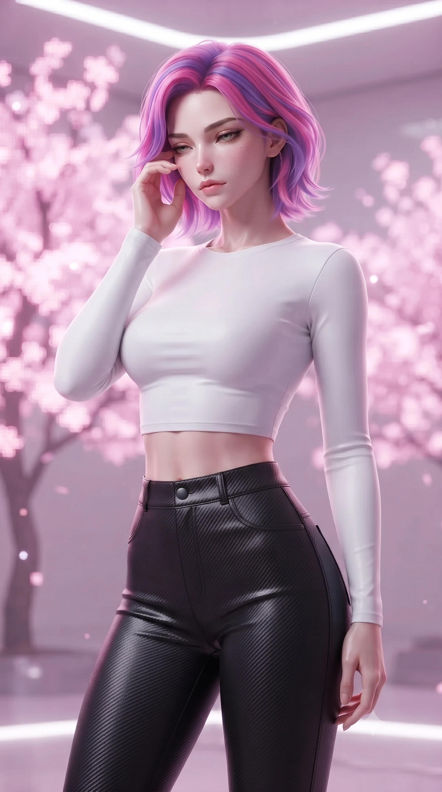 score_9, masterpiece, best quality, ultra-detailed, high-budget anime keyframe, editorial fashion photography, tasteful artistic composition, Caucasian woman. close-up cowboy shot from the waist and thighs up, the character dominates the composition, filling the frame with her large presence, background elements kept in soft focus. gently touching the side of her temple, casting a heavy-lidded, sultry look past the camera, the background shows a soft-focus a holographic arena with virtual cherry blossom trees made of glowing pink pixels. She has an exceptionally elegant, slender, and willowy female figure with an ultra-slim waist, a gracefully sculpted slender torso, and a refined silhouette. sharp v-shaped jawline, high-bridge nose, intricate jewel-like eyes with depth, thick eyelashes, glossy lips with a natural sheen. wearing a tailored body-hugging long-sleeve tactical crop top in pure white, paired with high-waisted black carbon-weave skinny pants. soft pink digital light diffusing through the room, creating a dreamy wash. ultra-reflective glossy finish, specular highlights, metallic sheen, high-contrast stereoscopic depth, volumetric dynamic lighting, 2k, ultra detail, master piece, 9:16 ratio