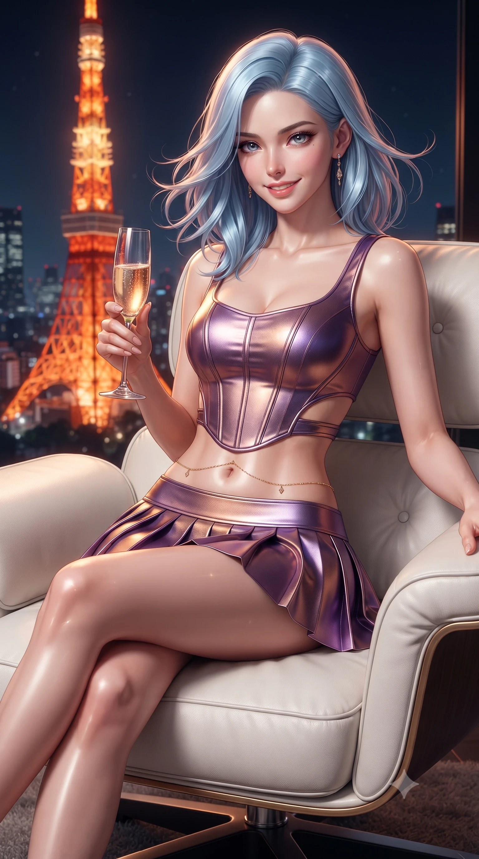 score_9, masterpiece, best quality, ultra-detailed, high-budget anime keyframe, editorial fashion photography, tasteful artistic composition, Korean woman. close-up cowboy shot from the waist and thighs up, the character dominates the composition, filling the frame with her large presence. turning slowly with an enchanting smoldering smile, her glossy hair tossing in the breeze as her hips angle gracefully in a captivating contrapposto while lounging in an oversized white leather designer armchair with legs crossed, holding a glass of champagne with sovereign supermodel cool. The surrounding environment is rendered in vivid detail and crisp panoramic clarity: detailed wet-look vinyl bustier texture, sheer wrap mini skirt drape, and architectural precision in high resolution. She has an exceptionally elegant, slender, and willowy female figure with an ultra-slim waist, flat toned midriff, narrow ribcage, and sculpted feminine hips creating an alluring, slim hourglass silhouette without bulk. sharp v-shaped jawline, high-bridge nose, intricate jewel-like sparkling eyes with depth, thick eyelashes, glossy parted lips with a natural peach sheen, bright cheerful beaming smile with an enchanting and coquettish sensual glint, exuding both youthful cute charm and seductive allure, flawlessly proportioned anatomical accuracy, strict slender model proportions, natural body alignment, perfectly sculpted long slender limbs, ultra-slim waistline, clean dynamic posture without body distortion. wearing a structured metallic corset crop top with boned waist paired with a low-rise pleated metallic micro-skirt in Mirage sunset amethyst purple and warm bronze, made of fluid liquid jersey with seamless sculpting hold and smooth contours, accented with a dainty gold belly chain resting across her flat midriff and curving hips, the precision-cut side openings and low-back scoop framing her graceful spine and the sensual sweep of her slim, toned hips. bathed in the warm radiant orange-scarlet beacon glow of Tokyo Tower contrasted with deep midnight sky. ultra-reflective glossy finish, specular highlights, rich textural contrasts, high-contrast stereoscopic depth, volumetric dynamic lighting, 2k, ultra detail, master piece, 9:16 ratio
