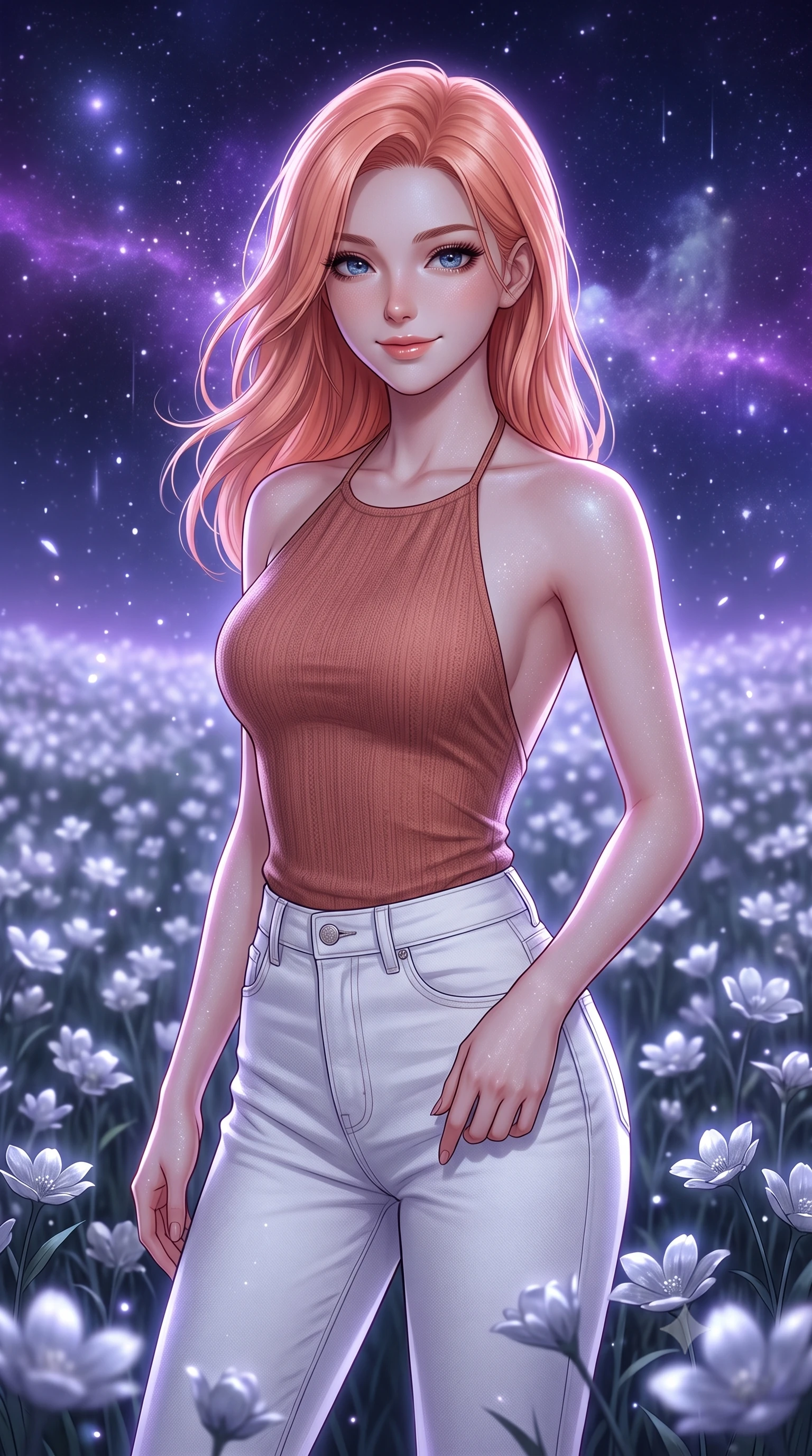 score_9, masterpiece, best quality, ultra-detailed, high-budget anime keyframe, editorial fashion photography, tasteful artistic composition, Japanese woman. close-up cowboy shot from the waist and thighs up, the character dominates the composition, filling the frame with her large presence, background elements kept in soft focus. Smiling softly with a knowing, happy look in her eyes. set against a soft-focus background of in an endless field of silver flowers swaying in the night breeze under a sky filled with glowing violet nebulae and falling stardust. She has an exceptionally elegant, slender, and willowy female figure with a highly-defined ultra-slim waist, a gracefully sculpted slender torso, and a refined slim-fit silhouette that contours her form. sharp v-shaped jawline, high-bridge nose, intricate jewel-like eyes with depth, thick eyelashes, glossy lips with a natural sheen. wearing a backless halter-neck top in muted terracotta, paired with high-waisted white denim trousers. cool starlight and deep violet cosmic light wrapping the silver meadow in a soft glowing atmosphere. 2k, ultra detail, master piece, 9:16 ratio