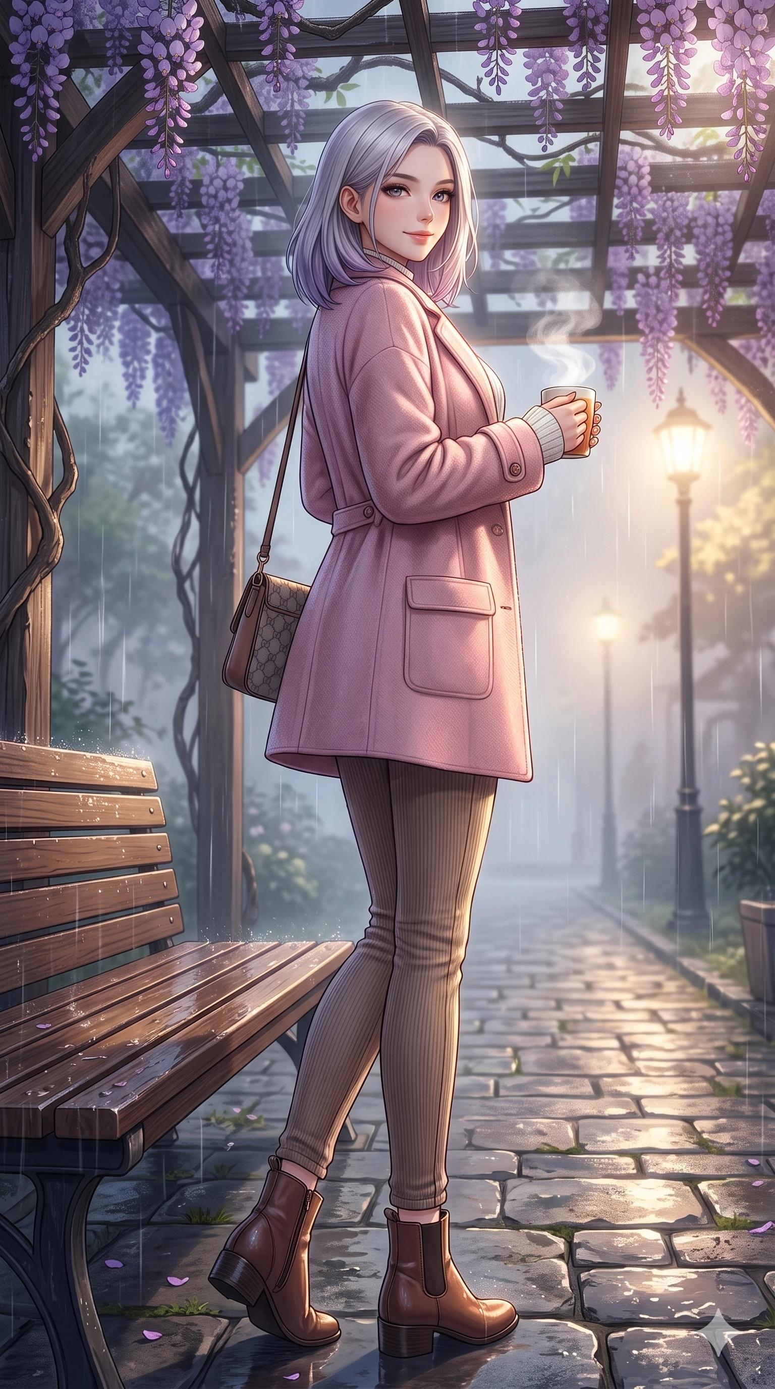 score_9, masterpiece, best quality, ultra-detailed, high-budget anime keyframe, vibrant anime aesthetic, Caucasian woman, strictly human ears. low angle full-body shot from head to toe showing her feet, filling the entire 9:16 vertical frame with her statuesque presence, stretching her vertical silhouette. She is holding a warm mug of tea, looking at the camera with a gentle smile, looking over her shoulder at the camera surrounded by fresh morning mist. on a wooden bench under a wisteria trellis in a quiet courtyard garden during a gentle afternoon rain (Code-P22-035). She has an absolutely perfect 8-heads proportion, an exceptionally tall and slender female figure with impossibly long slender legs and an ultra-slim waist. V-shaped jawline, high-bridge nose, intricate jewel-like eyes with depth, thick eyelashes, glossy lips with a natural sheen. wearing a cozy woolen coat in pastel pink over a white knit top and fitted corduroy pants with a designer bag. She is lit by dramatic, high-contrast streetlights casting long shadows in the rain, adding depth to her jewel-like eyes during a refreshing sun shower. 2k, ultra detail, master piece, 9:16 ratio