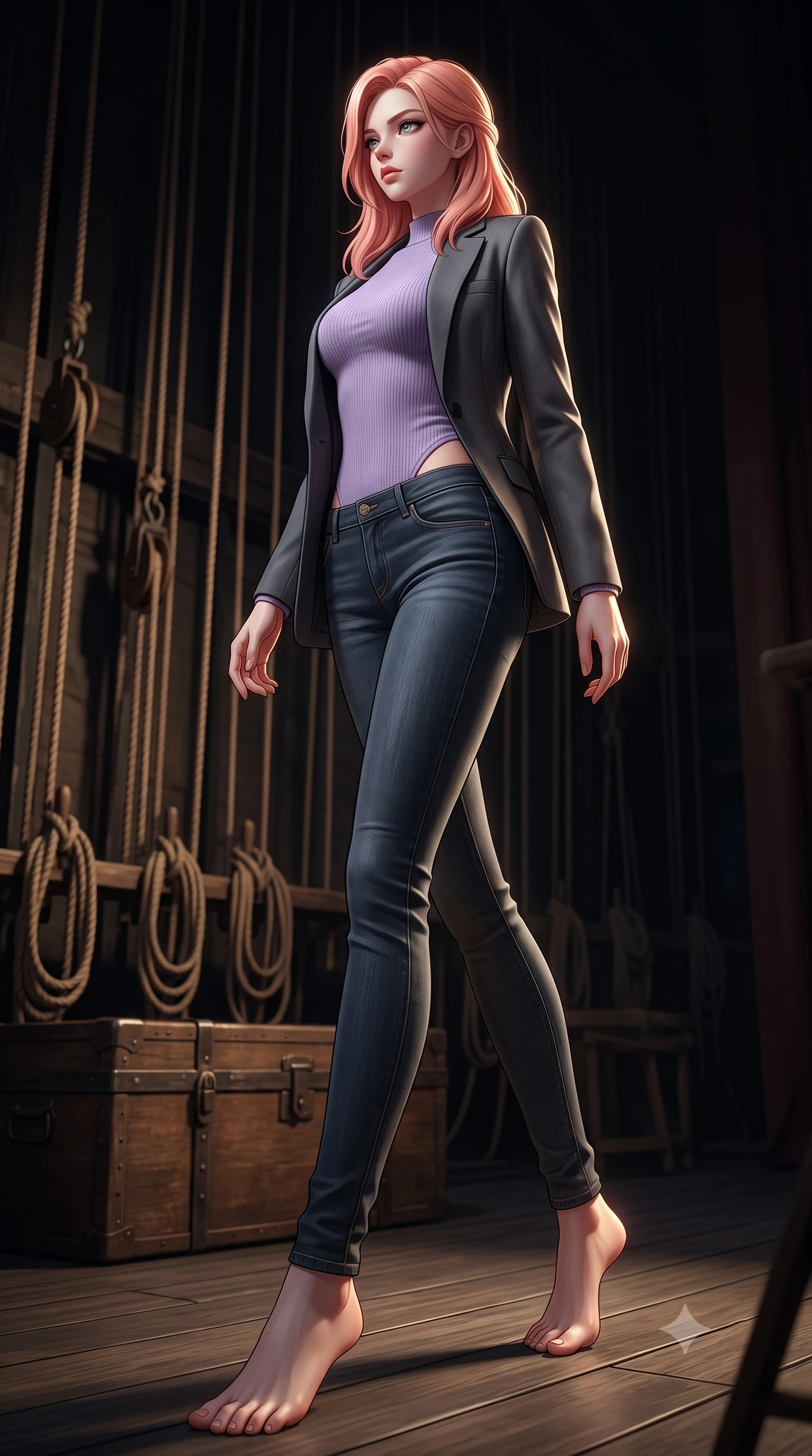 score_9, masterpiece, best quality, ultra-detailed, high-budget anime keyframe, editorial fashion photography, tasteful artistic composition, Japanese woman. low angle full-body shot from head to toe showing her feet, filling the entire 9:16 vertical frame with her statuesque presence, stretching her vertical silhouette. stepping gracefully while looking back over her shoulder, her dress draped tightly to reveal her silhouette the background shows a soft-focus a vintage stage wing with ropes, pulleys, and wooden trunks in the dark. She has an absolutely perfect, statuesque 8.5-heads proportion, an exceptionally tall and slender model-like female figure with impossibly long slender legs and an ultra-slim waist. sharp v-shaped jawline, high-bridge nose, intricate jewel-like eyes with depth, thick eyelashes, glossy lips with a natural sheen. wearing a slim-fit tight-fitting lavender knit bodysuit worn under a tailored open blazer and jeans. dramatic chiaroscuro lighting focusing on her athletic, slender build. ultra-reflective glossy finish, specular highlights, metallic sheen, high-contrast stereoscopic depth, volumetric dynamic lighting, 2k, ultra detail, master piece, 9:16 ratio
