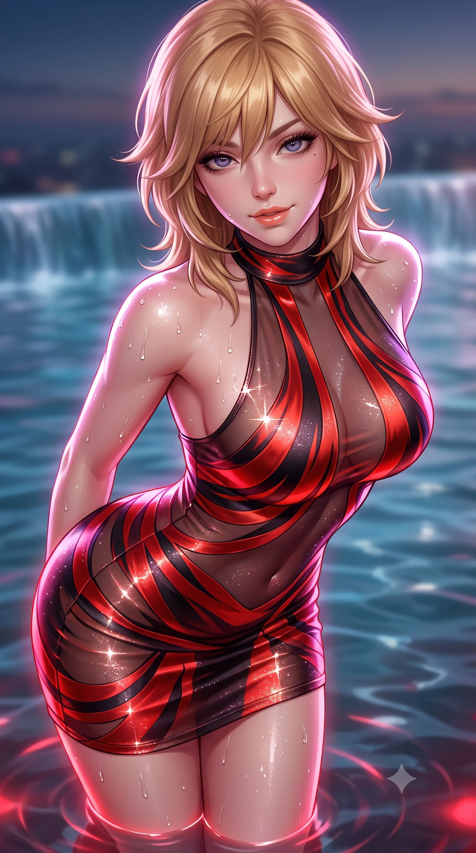 score_9, masterpiece, best quality, ultra-detailed, high-budget anime keyframe, semi-realistic 3D game render, editorial fashion photography, tasteful artistic composition, Korean woman. close-up cowboy shot from the waist and thighs up, the character dominates the composition, filling the frame with her large presence. leaning forward while arching her lower back to accentuate her curvy hips, looking into the camera with an intoxicating smoldering gaze and bedroom-eyes while twisting her slender torso in an alluring S-curve at the water's edge, glowing underwater crimson lamps and neon city reflections tracing her curves. The background shows a soft-focus infinity edge water overflow softened in cinematic cyber-luxury shallow focus. She has an exceptionally elegant, slender, and willowy female figure with an ultra-slim waist, flat toned midriff, narrow ribcage, and sculpted feminine hips creating an alluring, slim hourglass silhouette without bulk. sharp v-shaped jawline, high-bridge nose, sparkling eyes with hypnotic seductive depth, thick curled eyelashes, glossy parted lips with a natural dewy peach sheen, alluring bedroom-eyes with an enchanting coquettish smile, exuding magnetic siren charisma and sophisticated glamour, flawlessly proportioned anatomical accuracy, strict slender model proportions, natural body alignment, perfectly sculpted long slender limbs, ultra-slim waistline, clean dynamic posture without body distortion. wearing a provocative high-neck sheer illusion cocktail dress with liquid satin ribbons contouring her curves in Pudong electric vermilion and obsidian lacquer, woven from stretch metallic lurex jersey casting radiant starlight glints across her silhouette, finished with glistening drops of lagoon or spa water beading across her sculpted shoulders and collarbones, the glove-like clinging cut tightly following the natural contour of her hips and long slender legs with youthful 8.5-heads elegance. illuminated by water ripple caustics and sharp platinum-magenta rim lights defining her delicate clavicles, ultra-slim waist, and curvy hips. highly saturated vibrant anime colors, detailed shading with soft gradients, rich glossy textures, high-contrast stereoscopic depth, volumetric dynamic lighting, master piece, 9:16 ratio