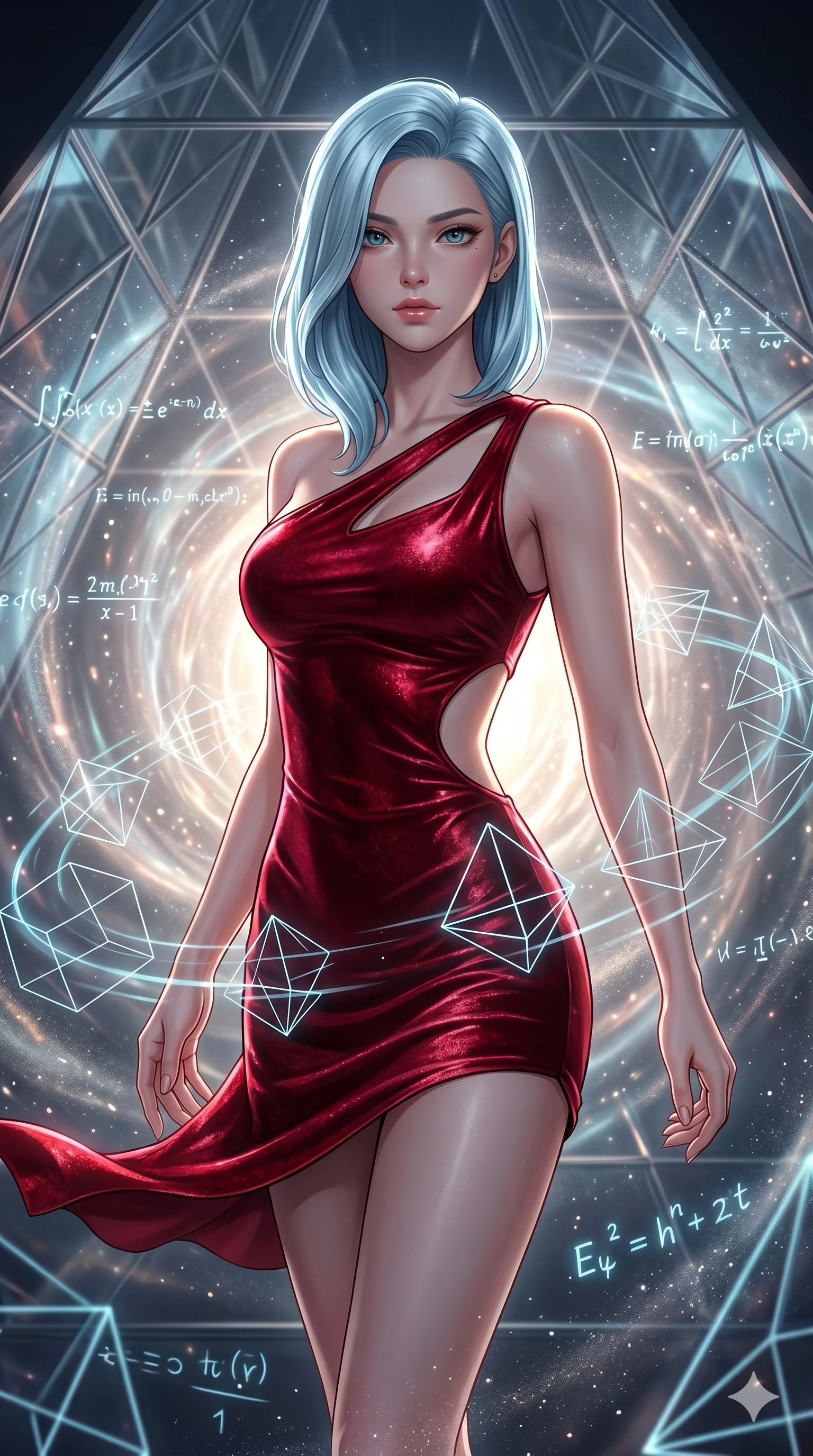 score_9, masterpiece, best quality, ultra-detailed, high-budget anime keyframe, editorial fashion photography, tasteful artistic composition, Japanese woman. upper body close-up from the thighs up, character filling the screen for maximum presence. swirling in a vortex of inside a geometric glass pyramid surrounded by floating mathematical equations while floating geometrical wireframes rotate and pulse in synch. She has an absolutely perfect 8-heads proportion, an exceptionally tall and slender female figure with impossibly long slender legs and an ultra-slim waist. V-shaped jawline, high-bridge nose, intricate jewel-like eyes with depth, thick eyelashes, glossy lips with a natural sheen.. wearing an asymmetric liquid velvet slip dress, featuring a wet-look deep crimson red velvet one-shoulder mini slip with asymmetric geometric cutout trim. illuminated by dramatic chiaroscuro casting soft shadows along her curves, with vibrant backlighting highlighting the dust particles. 2k, ultra detail, master piece, 9:16 ratio