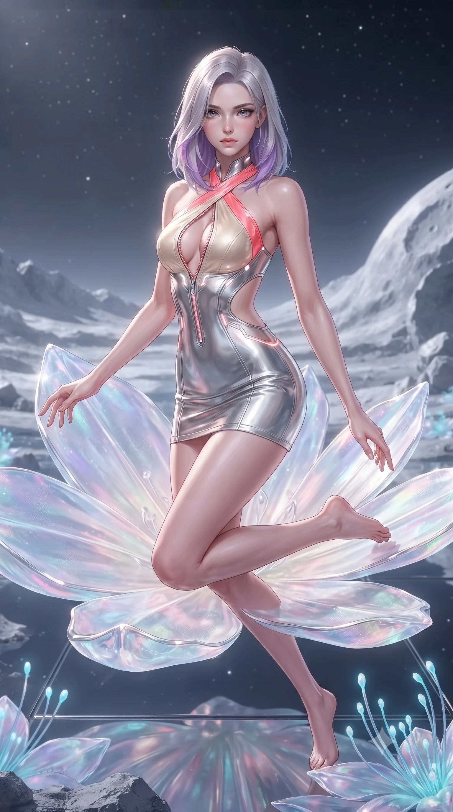 score_9, masterpiece, best quality, ultra-detailed, high-budget anime keyframe, editorial fashion photography, tasteful artistic composition, Caucasian woman. low angle full-body shot from head to toe showing her feet, filling the entire 9:16 vertical frame with her statuesque presence, stretching her vertical silhouette. pivoting dynamically in mid-motion with a breathtakingly alluring posture, displaying her flawless model proportions and ultra-slim waist while kneeling gracefully on a floating crystalline petal as silver moonlight ripples across her bare shoulders and clavicle. The surrounding environment is rendered in vivid detail and crisp panoramic clarity. crisp lunar crater textures, glass walkway reflections, and glowing aquatic stamens in high resolution. She has an absolutely perfect, statuesque 8.5-heads proportion, an exceptionally tall and slender model-like female figure with impossibly long slender legs, a toned flat midriff, and an ultra-slim waist. sharp v-shaped jawline, high-bridge nose, intricate jewel-like eyes with depth, thick eyelashes, glossy lips with a natural sheen, flawlessly proportioned anatomical accuracy, strict slender model proportions, natural body alignment, perfectly sculpted long slender limbs, ultra-slim waistline, clean dynamic posture without body distortion. wearing a molten silver liquid-metal mini dress featuring deep side-waist cutouts and a daring crossover halter neckline in radiant coral pink and champagne ivory, tailored from semi-translucent cybernetic vinyl with glowing micro-filaments, featuring a dangerously unzipped neckline framed by glowing cybernetic accents, the form-contouring material adhering flawlessly to her sculpted flat midriff and slender torso, emphasizing her long leg lines and perfectly proportioned willowy build. illuminated by soft glowing starlight fill and crisp specular highlights tracing her slender curves. ultra-reflective glossy finish, specular highlights, metallic sheen, high-contrast stereoscopic depth, volumetric dynamic lighting, 2k, ultra detail, master piece, 9:16 ratio