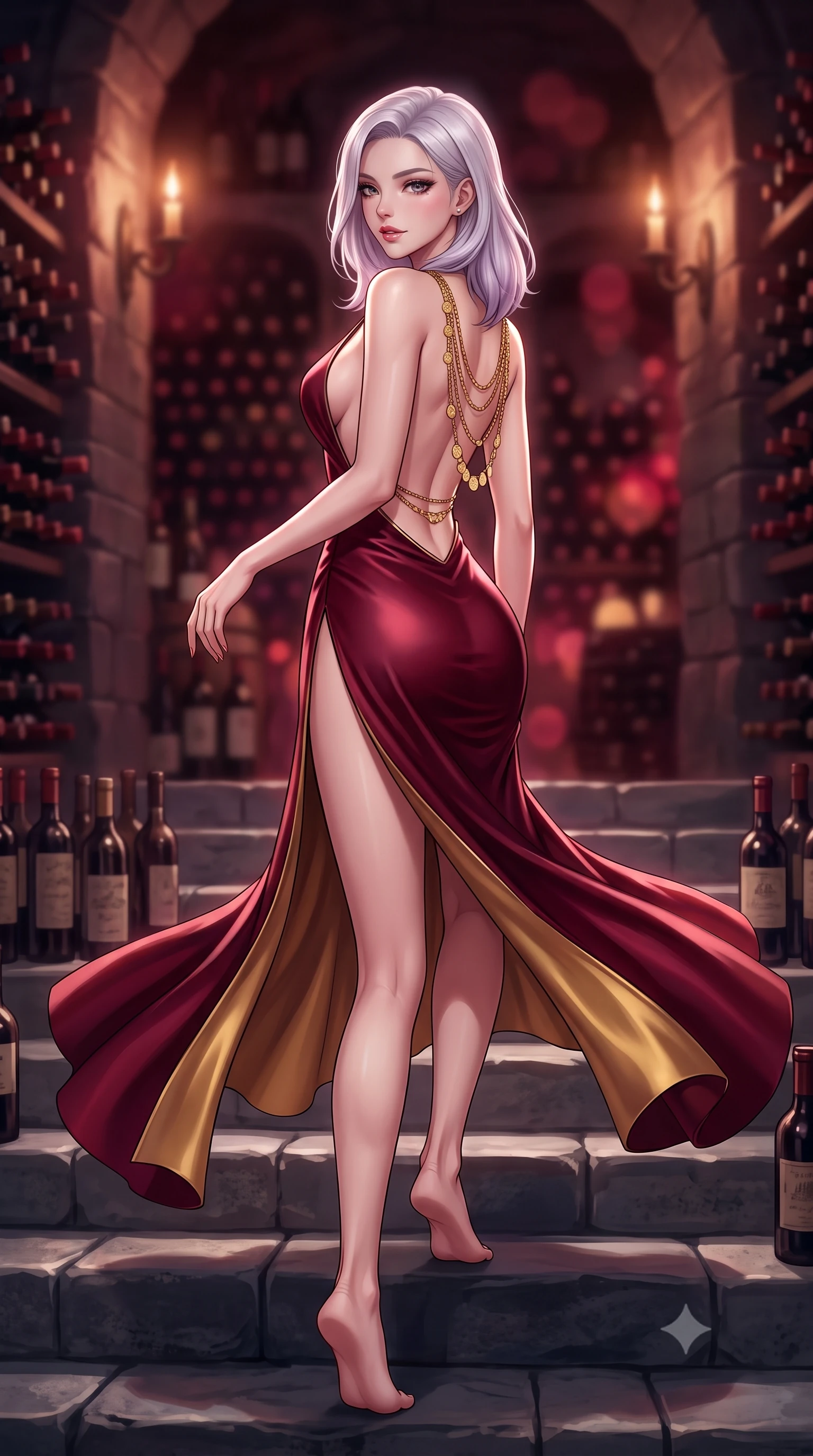 score_9, masterpiece, best quality, ultra-detailed, high-budget anime keyframe, semi-realistic 3D game render, editorial fashion photography, tasteful artistic composition, Caucasian woman. low angle full-body shot from head to toe showing her feet, filling the entire 9:16 vertical frame with her statuesque presence, stretching her vertical silhouette. executing an elegant mid-motion pivot turn as garments swirl around her slender limbs, glancing over her shoulder with an intoxicating bedroom-gaze while gliding down the cool stone cellar steps with supermodel poise, looking back over a bare shoulder with an intoxicating, aristocratic half-smile. The composition keeps background elements in soft focus with creamy bokeh. thousands of dusty vintage wine bottles and flickering wall sconces blurred into deep ruby, warm amber, and aged burgundy bokeh. She has an absolutely perfect, statuesque 8.5-heads proportion, an exceptionally tall and slender model-like female figure with impossibly long slender legs, a toned flat midriff, an ultra-slim waist, and beautifully sculpted feminine hips. sharp v-shaped jawline, high-bridge nose, intricate jewel-like eyes with depth, thick eyelashes, glossy parted lips with a natural sheen, intensely captivating and seductive bedroom-eyes expression, flawlessly proportioned anatomical accuracy, strict slender model proportions, natural body alignment, perfectly sculpted long slender limbs, ultra-slim waistline, clean dynamic posture without body distortion. wearing a plunging-V neckline wine-red duchess satin gown with high side slits ascending to the high hip in deep Merlot burgundy and liquid gold, crafted from second-skin supple lambskin leather with liquid drape, accented with a multi-strand gold coin back chain cascading down her bare spine to her hips, the second-skin form-contouring cut accentuating her sculpted flat midriff, narrow waistline, and dramatically curvy hips without adding bulk. surrounded by an opulent, intimate, and dangerously intoxicating vintage wine empress aura. highly saturated vibrant anime colors, detailed shading with soft gradients, rich glossy textures, high-contrast stereoscopic depth, volumetric dynamic lighting, master piece, 9:16 ratio