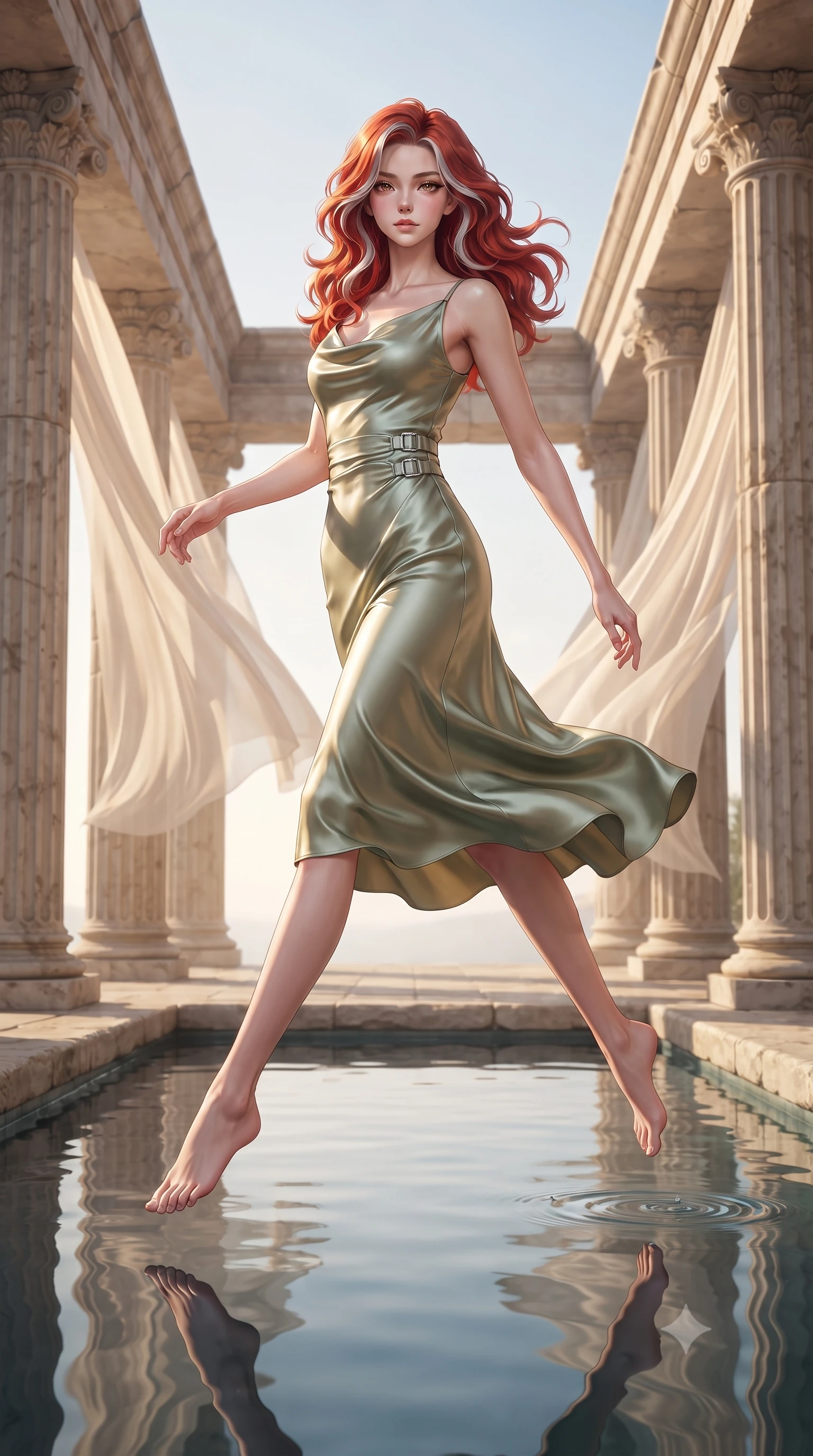 score_9, masterpiece, best quality, ultra-detailed, high-budget anime keyframe, editorial fashion photography, tasteful artistic composition, Caucasian woman. low angle full-body shot from head to toe showing her feet, filling the entire 9:16 vertical frame with her statuesque presence, stretching her vertical silhouette. leaping gracefully through the environment with statuesque elegance and long slender legs walking through an open-air colonnade with billowing silk gossamer curtains, still pool waters reflecting her slender silhouette and the open sky. She has an absolutely perfect, statuesque 8.5-heads proportion, an exceptionally tall and slender model-like female figure with impossibly long slender legs and an ultra-slim waist. sharp v-shaped jawline, high-bridge nose, intricate jewel-like eyes with depth, thick eyelashes, glossy lips with a natural sheen. wearing an elegant cowl-neck satin midi dress with a draped neckline in sage green and oatmeal, crafted from lustrous satin jersey with fluid draping, detailed with polished silver buckles along the waistline, the sleek second-skin texture accentuating her magnetic presence. lit by brilliant warm key light softening into smooth, elegant gradients. highly saturated vibrant anime colors, detailed shading with soft gradients, rich glossy textures, high-contrast stereoscopic depth, volumetric dynamic lighting, master piece, 9:16 ratio
