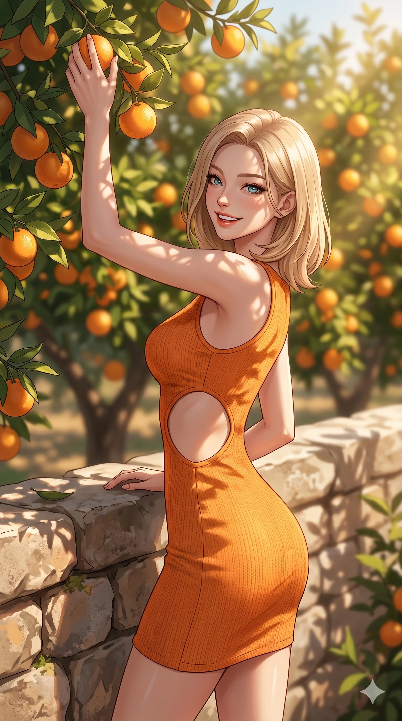 score_9, masterpiece, best quality, ultra-detailed, high-budget anime keyframe, editorial fashion photography, tasteful artistic composition, Korean woman. cowboy shot from the thighs up, character and outfit filling the frame for maximum editorial presence. picking an orange, looking back with a bright, playful grin and a sultry half-smile standing in a sunlit orange garden next to a low stone wall. She has an absolutely perfect 8-heads proportion, an exceptionally tall and slender female figure with impossibly long slender legs and an ultra-slim waist. V-shaped jawline, high-bridge nose, intricate jewel-like eyes with depth, thick eyelashes, glossy lips with a natural sheen. wearing a skin-tight orange knit dress with strategic curved cutouts at the waist. drenched in warm afternoon sunbeams filtering through the orange branches, casting soft shadows. 2k, ultra detail, master piece, 9:16 ratio