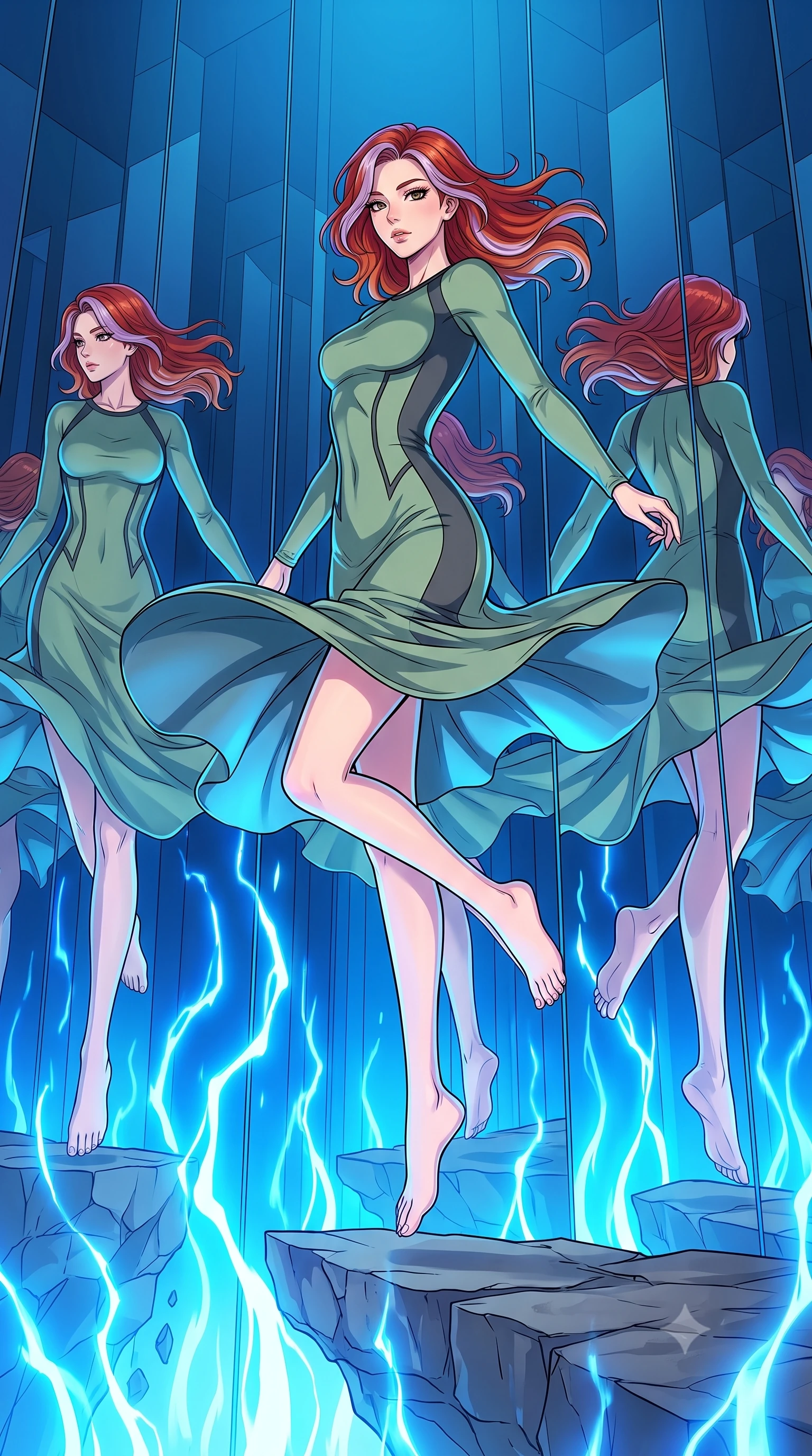 score_9, masterpiece, best quality, ultra-detailed, high-budget anime keyframe, clean line-art, cel-shading, Caucasian woman, strictly human ears. low angle full-body shot from head to toe showing her feet, filling the entire 9:16 vertical frame with her statuesque presence, stretching her vertical silhouette. leaping off a collapsing ledge, twisting her body with flawless athletic balance through a space made entirely of tall mirror walls reflecting each other, creating an infinite corridor of duplicating reflections. She has a statuesque 8.5-heads proportion, an exceptionally tall, slender and willowy model-like build with impossibly long legs and a highly sculpted ultra-slim waist. sharp v-shaped jawline, high-bridge nose, intricate jewel-like eyes with depth, thick eyelashes, glossy lips with a natural sheen. wearing the lightweight fabric rippling and billowing dramatically with her movement, a form-contouring form-fitting athletic-cut knit dress in sage green and charcoal, with sculpted seams that trace her slender waistline. pulsing electric blue plasma arc lighting rising dramatically from below. highly saturated vibrant anime colors, intense vivid color palette, volumetric dynamic lighting, 2k, ultra detail, master piece, 9:16 ratio