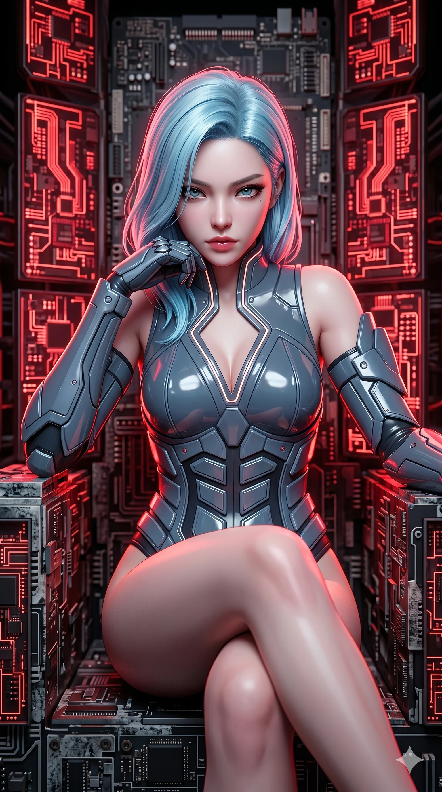 score_9, masterpiece, best quality, ultra-detailed, high-budget anime keyframe, semi-realistic 3D game render, Korean woman. Upper body close-up from the thighs up, character filling the screen for maximum presence. She is seated dynamically on a throne of calcified logic boards and glowing red circuits. She leans forward with a dangerous, enticing smolder, resting one elbow on her knee. She has an absolutely perfect 8-heads proportion, a tall and elegant figure with a refined silhouette and a defined waistline. V-shaped jawline, high-bridge nose, intricate jewel-like eyes with depth, thick eyelashes, glossy lips with a natural sheen. She is wearing a structured cybernetic bodice in glossy vinyl panels, paired with detached sleeves and a refined V-neckline detailed with glowing piping. The scene is bathed in bright white studio flash light and sharp crimson rim lighting outlining her silhouette. 2k, ultra detail, master piece, 9:16 ratio