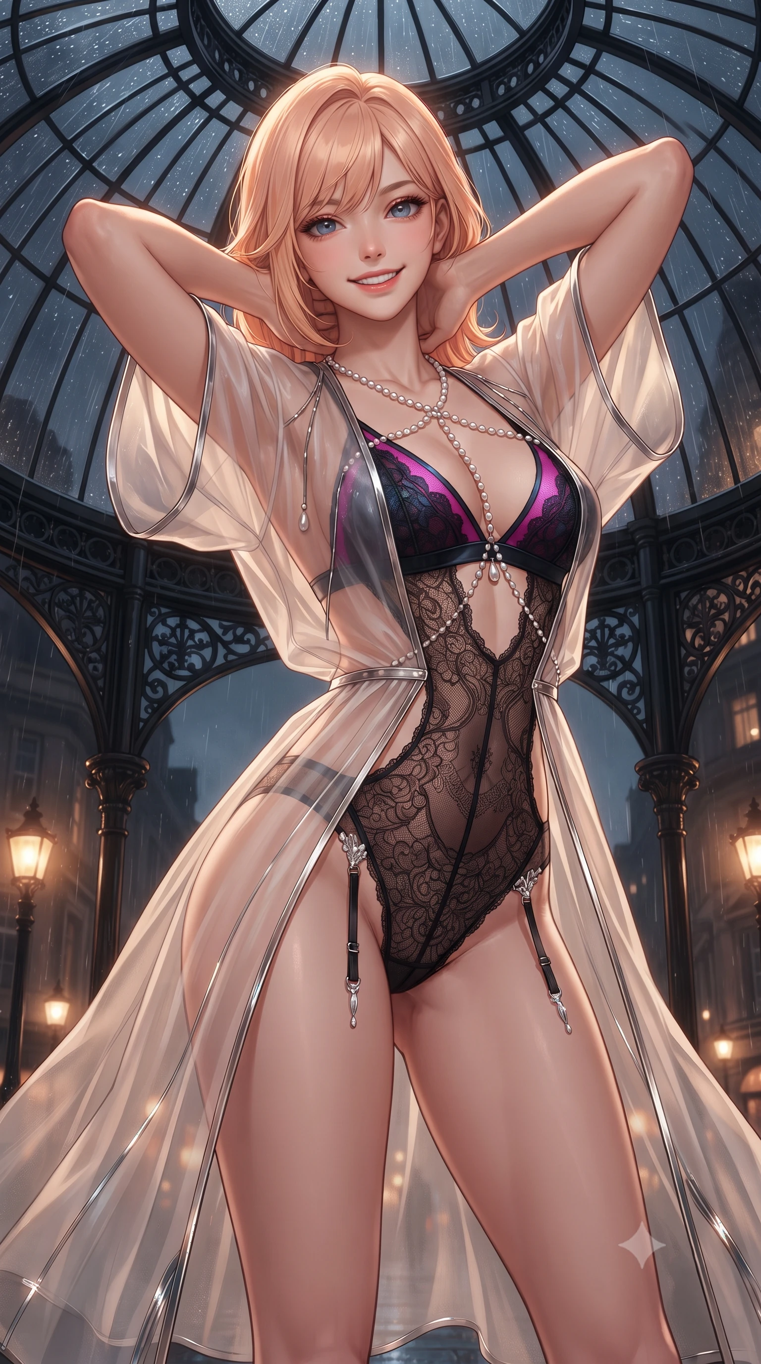 score_9, masterpiece, best quality, ultra-detailed, high-budget anime keyframe, editorial fashion photography, tasteful artistic composition, Japanese woman. close-up cowboy shot from the waist and thighs up, the character dominates the composition, filling the frame with her large presence. resting both hands lightly behind her neck with elbows raised, arching her spine to highlight her narrow waist, flat midriff, and breathtaking collarbones while standing poised beneath the curved Victorian wrought-iron glass dome, arching her spine with high-fashion ease as nocturnal London rain taps against the glass. The surrounding environment is rendered in vivid detail and crisp panoramic clarity: detailed sheer French lace halter teddy, low scoop back, crystal garter attachments, and heritage architecture in high resolution. She has an exceptionally elegant, slender, and willowy female figure with an ultra-slim waist, flat toned midriff, narrow ribcage, and sculpted feminine hips creating an alluring, slim hourglass silhouette without bulk. sharp v-shaped jawline, high-bridge nose, intricate jewel-like sparkling eyes with depth, thick eyelashes, glossy parted lips with a natural peach sheen, bright cheerful beaming smile with an enchanting and coquettish sensual glint, exuding both youthful cute charm and seductive allure, flawlessly proportioned anatomical accuracy, strict slender model proportions, natural body alignment, perfectly sculpted long slender limbs, ultra-slim waistline, clean dynamic posture without body distortion. wearing a delicate sheer organza futuristic caftan with metallic chrome accents worn open over a micro liquid-metal bralette in Huangpu midnight sapphire and neon magenta, made of sheer gossamer chiffon that drapes softly against skin with airy translucence, accented with a pearl-drop body harness subtly framing her dewy collarbones and spine, the precision-cut side openings and low-back scoop framing her graceful spine and the sensual sweep of her slim, toned hips. bathed in the warm golden 2500K glow of Edwardian streetlamps and rooftop architectural floodlights spilling through glass. ultra-reflective glossy finish, specular highlights, rich textural contrasts, high-contrast stereoscopic depth, volumetric dynamic lighting, 2k, ultra detail, master piece, 9:16 ratio