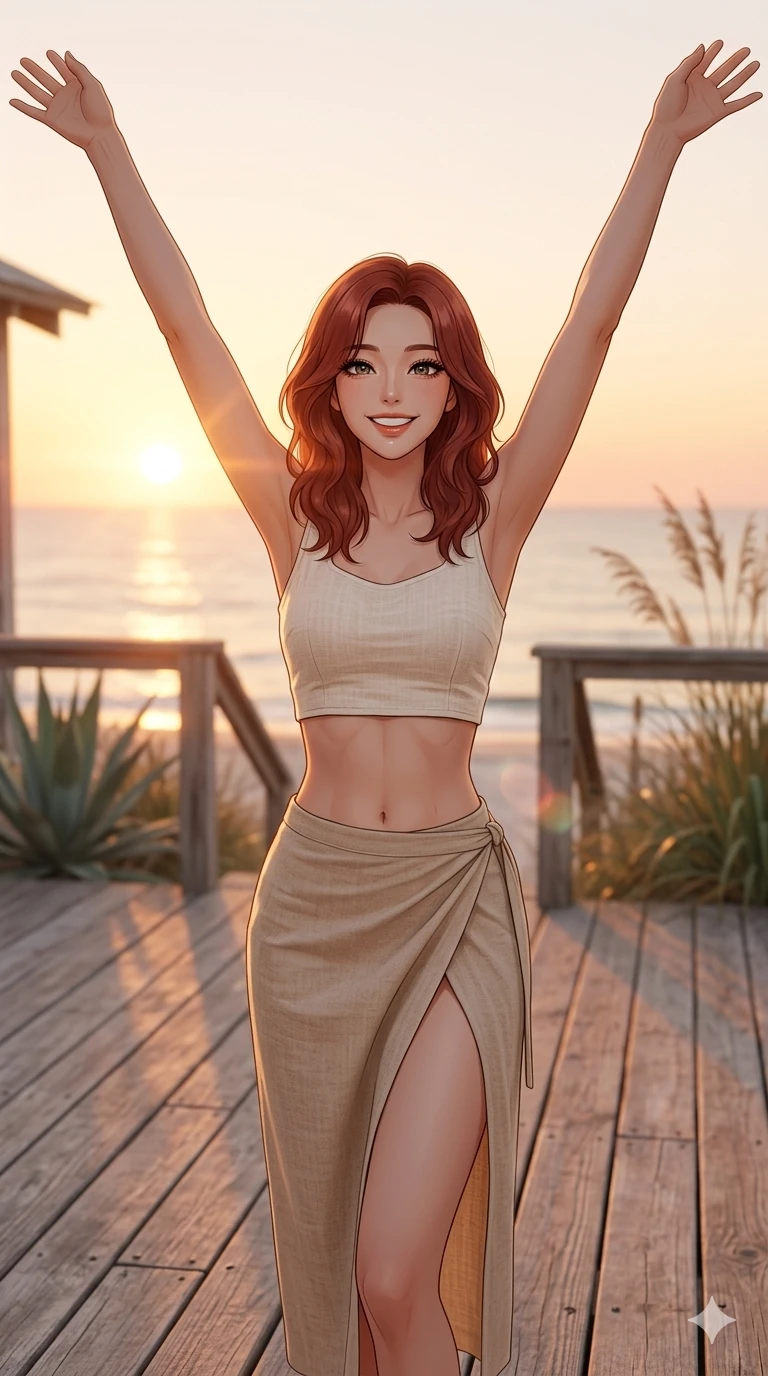 score_9, masterpiece, best quality, ultra-detailed, high-budget anime keyframe, editorial fashion photography, tasteful artistic composition, Korean woman. cowboy shot from the thighs up, character and outfit filling the frame for maximum editorial presence. stretching her arms up with a bright, refreshed smile, greeting the morning sun standing on a wooden deck of a seaside cottage at sunrise. She has an absolutely perfect 8-heads proportion, an exceptionally tall and slender female figure with impossibly long slender legs and an ultra-slim waist. V-shaped jawline, high-bridge nose, intricate jewel-like eyes with depth, thick eyelashes, glossy lips with a natural sheen. wearing a lightweight linen crop top showing her delicately sculpted midriff, and a wrap skirt with a high slit. drenched in soft, warm sunrise light casting a gentle orange glow over her figure. 2k, ultra detail, master piece, 9:16 ratio
