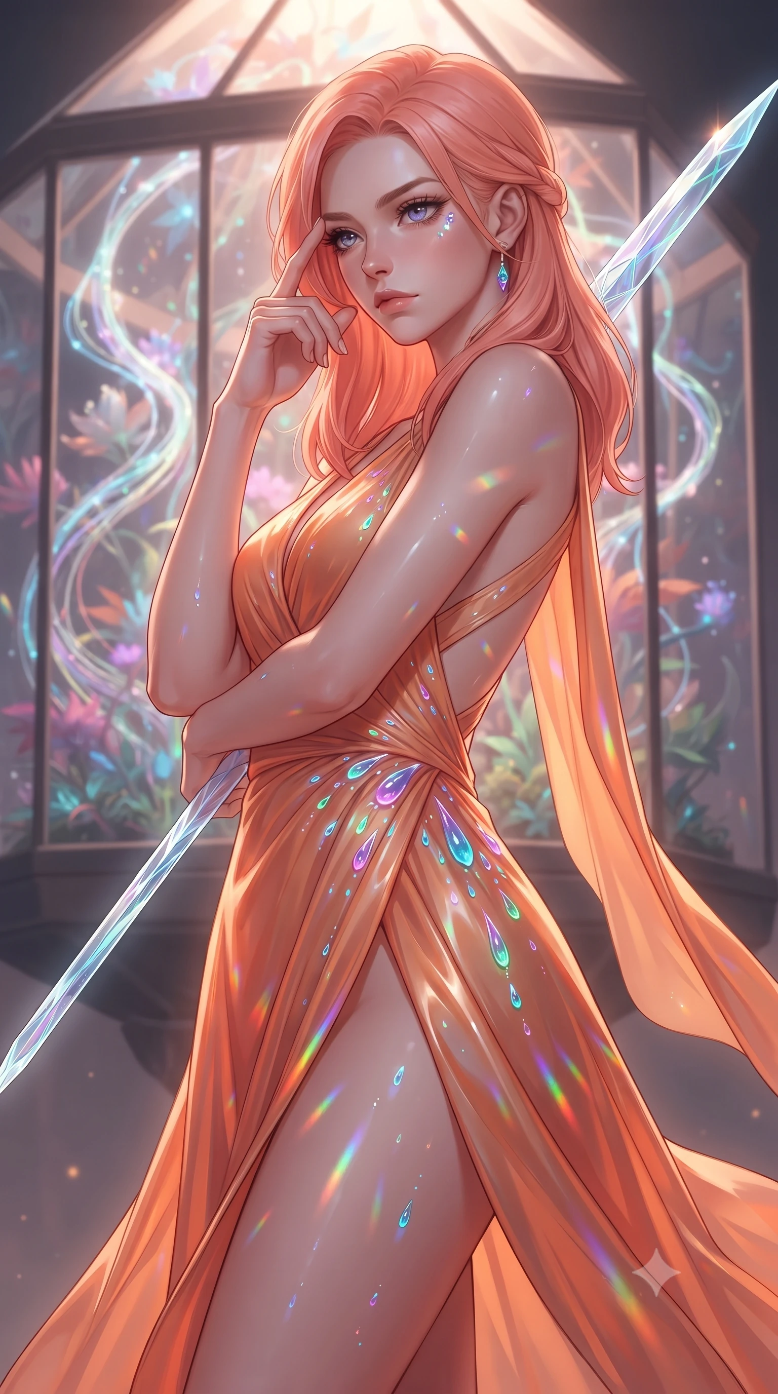 score_9, masterpiece, best quality, ultra-detailed, high-budget anime keyframe, editorial fashion photography, tasteful artistic composition, Japanese woman. close-up cowboy shot from the waist and thighs up, the character dominates the composition, filling the frame with her large presence, background elements kept in soft focus. pressing two fingers to her temple while holding a light-spear diagonally behind her in a composed thoughtful gesture, the background shows a soft-focus a floating botanical glasshouse with hyper-hybrid flora connected by fiber-optic vines. She has an exceptionally elegant, slender, and willowy female figure with an ultra-slim waist, a gracefully sculpted slender torso, and a refined silhouette. sharp v-shaped jawline, high-bridge nose, intricate jewel-like eyes with depth, thick eyelashes, glossy lips with a natural sheen. wearing a tailored high-slit space combat gown in sunset orange chiffon, featuring a daring thigh-slit and an open-back design. vibrant neon sap droplets casting micro-prismatic rainbow refractions. ultra-reflective glossy finish, specular highlights, metallic sheen, high-contrast stereoscopic depth, volumetric dynamic lighting, 2k, ultra detail, master piece, 9:16 ratio