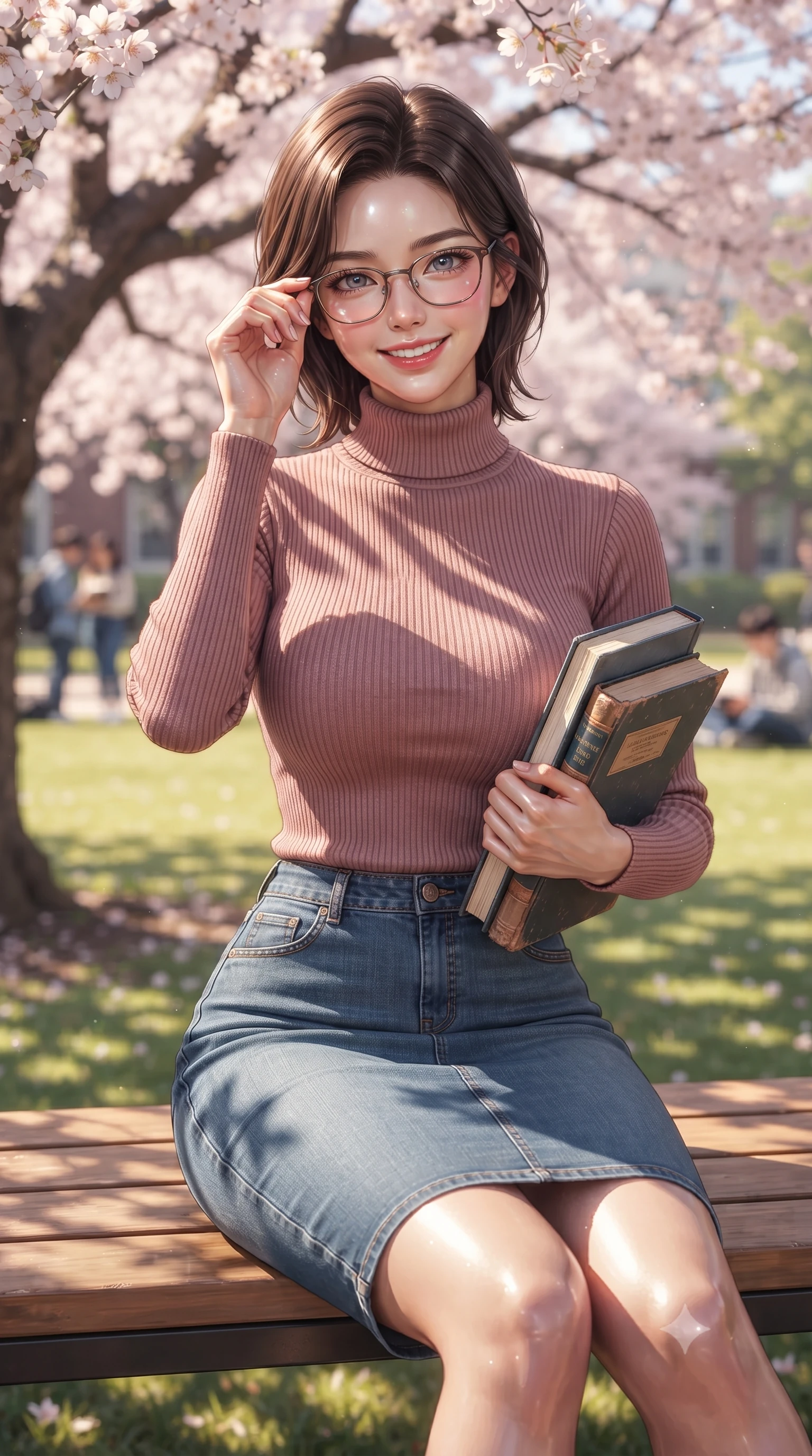 score_9, masterpiece, best quality, ultra-detailed, high-budget anime keyframe, editorial fashion photography, tasteful artistic composition, Korean woman. close-up cowboy shot from the waist and thighs up, the character dominates the composition, filling the frame with her large presence, background elements kept in soft focus. flashing a sweet, beaming smile while waving one hand gently toward the camera set against a soft-focus background of sitting on a wooden bench under a large, blooming cherry blossom tree on a college campus lawn adjusting her glasses with a stack of textbooks held under her arm. She has an exceptionally elegant, slender, and willowy female figure with an ultra-slim waist, a gracefully sculpted slender torso, and a refined silhouette. sharp v-shaped jawline, high-bridge nose, intricate jewel-like eyes with depth, thick eyelashes, glossy lips with a natural sheen. wearing body-hugging form-fitting ribbed knit turtleneck in dusty rose, tucked into a slim denim pencil skirt. bright afternoon sunlight casting crisp shadows of window frames on the floor. ultra-reflective glossy finish, specular highlights, metallic sheen, high-contrast stereoscopic depth, volumetric dynamic lighting, 2k, ultra detail, master piece, 9:16 ratio