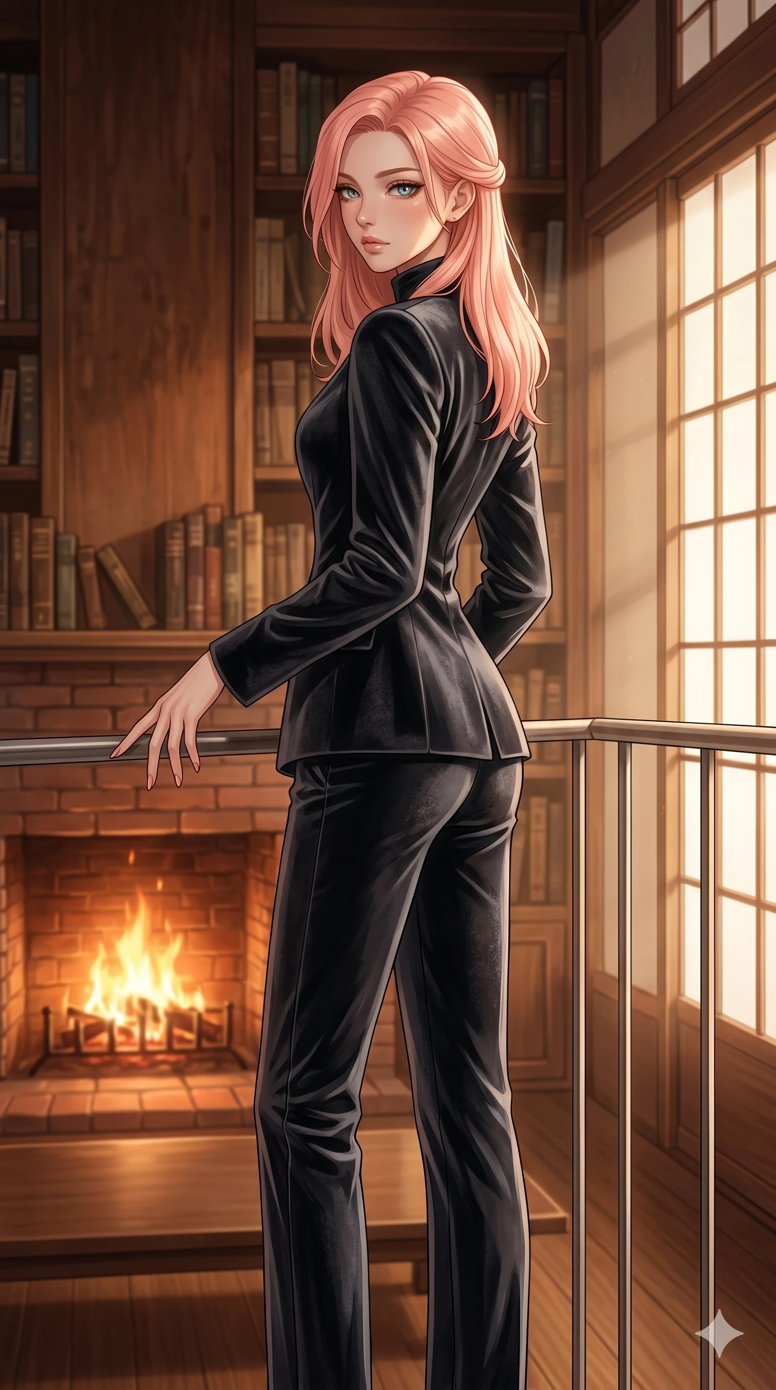 score_9, masterpiece, best quality, ultra-detailed, high-budget anime keyframe, editorial fashion photography, tasteful artistic composition, Japanese woman. cowboy shot from the thighs up, character and outfit filling the frame for maximum editorial presence. resting one hand on the metal railing, casting a slow, bedroom-eyes gaze over her shoulder inside a cozy library lounge with a roaring brick fireplace (Code-P17-040). She has an absolutely perfect 8-heads proportion, an exceptionally tall and slender female figure with impossibly long slender legs and an ultra-slim waist. V-shaped jawline, high-bridge nose, intricate jewel-like eyes with depth, thick eyelashes, glossy lips with a natural sheen. wearing a tailored velvet high-neck blazer with matching long pants. soft warm morning sunbeams filtering through the paper screens, casting a gentle glow. 2k, ultra detail, master piece, 9:16 ratio