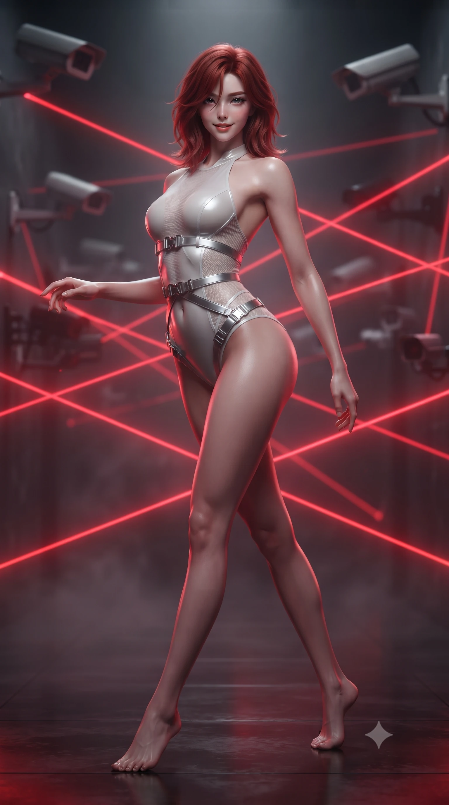score_9, masterpiece, best quality, ultra-detailed, high-budget anime keyframe, editorial fashion photography, tasteful artistic composition, Korean woman. low angle full-body shot from head to toe showing her feet, filling the entire 9:16 vertical frame with her statuesque presence, stretching her vertical silhouette. stepping slowly toward the camera with hypnotic grace, hips swaying in an alluring sensual rhythm that accentuates her curvy hourglass silhouette and long slender legs while arching her spine in a breathless limbo maneuver between criss-crossing crimson laser beams with siren precision. The background shows a soft-focus security surveillance cameras softened in high-stakes infiltration shallow focus. She has an absolutely perfect, statuesque 8.5-heads proportion, an exceptionally tall and slender model-like female figure with impossibly long slender legs, an ultra-slim waist, a flat toned midriff, narrow delicate ribcage, and beautifully sculpted feminine hips creating a graceful, slim hourglass silhouette without any bulky heaviness. sharp v-shaped jawline, high-bridge nose, sparkling eyes with hypnotic seductive depth, thick curled eyelashes, glossy parted lips with a natural dewy peach sheen, alluring bedroom-eyes with an enchanting coquettish smile, exuding magnetic siren charisma and sophisticated glamour, flawlessly proportioned anatomical accuracy, strict slender model proportions, natural body alignment, perfectly sculpted long slender limbs, ultra-slim waistline, clean dynamic posture without body distortion. wearing a slinky backless halterneck tactical leotard with micro-ripstop side panels and quick-release chrome buckles in pure pearl alabaster with liquid platinum sheen, made of semi-opaque stretch illusion mesh with soft shadowy contours, accented with a quick-release tactical chrome buckle harness resting snugly across her hips, the high-slit wrap tailoring accentuating her ultra-slim waistline and the enchanting curve of her feminine hips with alluring seductive charm. bathed in intense crimson laser beam illumination cutting through misty dark corridor shadows. ultra-reflective glossy finish, specular highlights, rich textural contrasts, high-contrast stereoscopic depth, volumetric dynamic lighting, 2k, ultra detail, master piece, 9:16 ratio