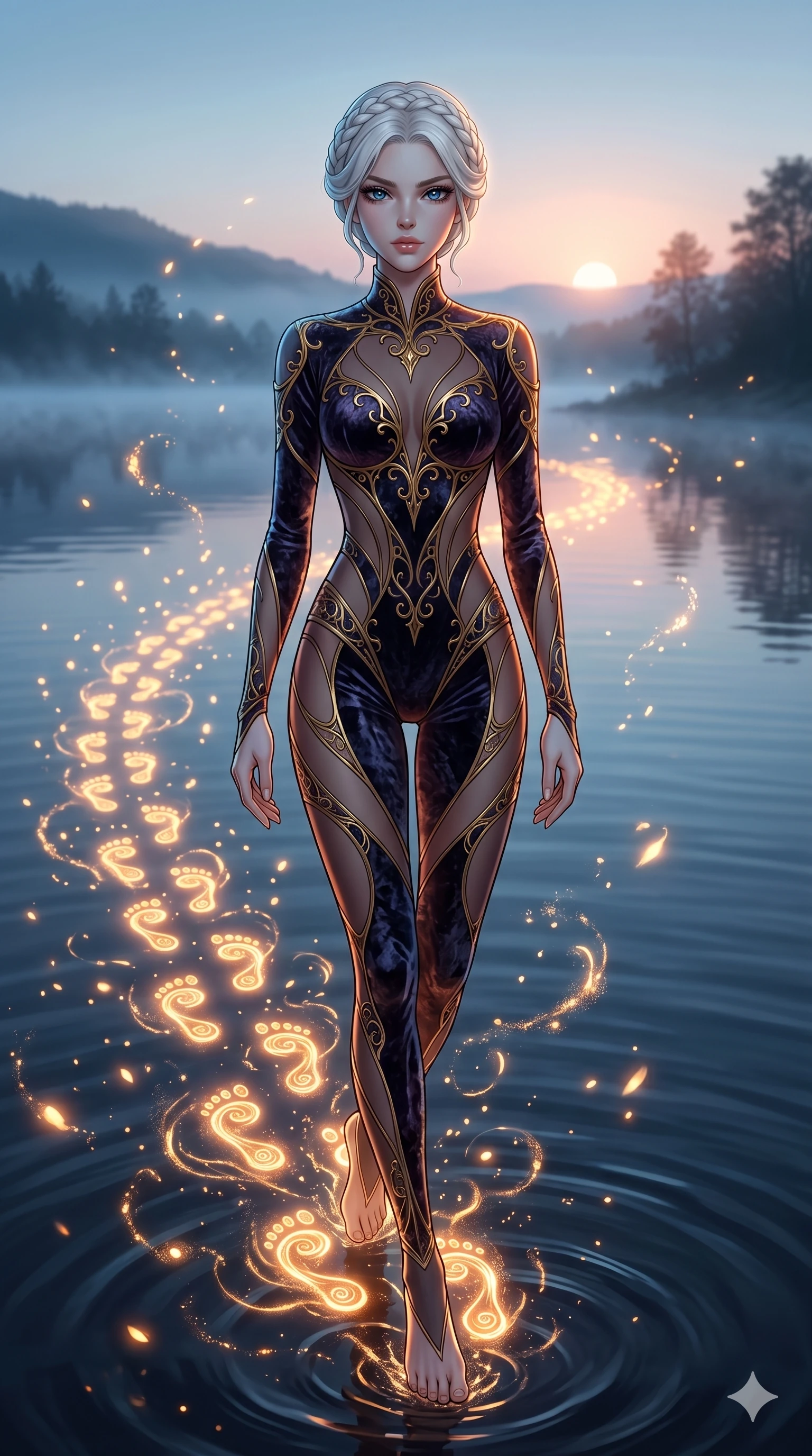 score_9, masterpiece, best quality, ultra-detailed, Set A: High-budget Anime Keyframe, Caucasian (strictly human ears) woman. Upper body close-up from the thighs up, character filling the screen for maximum presence. Sliding through a misty lakeside at dawn, as she leaves a trail of 268 glowing footprints and surrounded by glowing energy sparks. She has an absolutely perfect 8-heads proportion, an exceptionally tall and slender female figure with impossibly long slender legs and an ultra-slim waist. Sharp v-shaped jawline, high-bridge nose, intricate jewel-like eyes with depth, thick eyelashes, glossy lips with a natural sheen. Wearing Crushed dark velvet bodysuit with golden filigree and sheer fabric transparency. Cinematic lighting, vibrant colors, dramatic shadows, 2k, ultra detail, master piece, 9:16 ratio