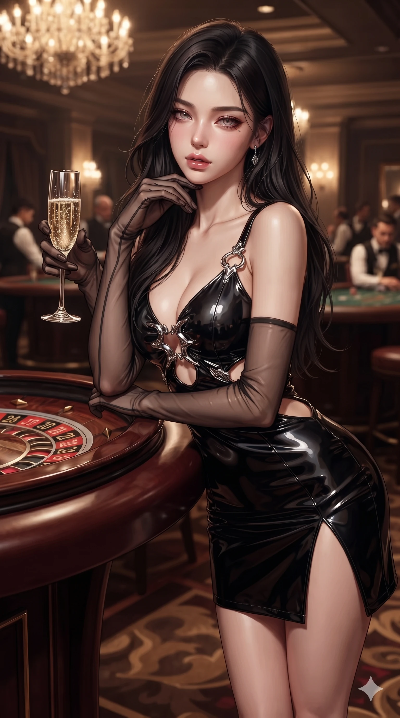 score_9, masterpiece, best quality, ultra-detailed, high-budget anime keyframe, editorial fashion photography, tasteful artistic composition, Korean woman. close-up cowboy shot from the waist and thighs up, the character dominates the composition, filling the frame with her large presence. resting one elbow on the table and supporting her chin, leaning close to the camera with heavy-lidded sparkling eyes and parted lips while leaning against the mahogany roulette table with hips cocked back in pure supermodel charisma, toying with a vintage crystal champagne flute with bedroom-eyes. The composition keeps background elements in soft focus with creamy bokeh: glamorous high-roller salon ambience softened in private VIP casino hall shallow focus. She has an exceptionally elegant, slender, and willowy female figure with an ultra-slim waist, flat toned midriff, narrow ribcage, and sculpted feminine hips creating an alluring, slim hourglass silhouette without bulk. sharp v-shaped jawline, high-bridge nose, intricate jewel-like eyes with depth, thick eyelashes, glossy parted lips with a natural sheen, intensely captivating and seductive bedroom-eyes expression, flawlessly proportioned anatomical accuracy, strict slender model proportions, natural body alignment, perfectly sculpted long slender limbs, ultra-slim waistline, clean dynamic posture without body distortion. wearing a provocative open-waist cutout mini dress framed by sculptural chrome hardware and thigh-high slit in dark onyx black and molten platinum, tailored from high-gloss patent leather with mirror-like specular highlights, complemented by sheer opera-length evening gloves tracing her slender arms, the high-slit wrap tailoring accentuating her ultra-slim waistline and the enchanting curve of her feminine hips with alluring seductive charm. bathed in soft 2400K chandelier warmth contrasted with crisp specular highlights dancing across her satin gown. ultra-reflective glossy finish, specular highlights, rich textural contrasts, high-contrast stereoscopic depth, volumetric dynamic lighting, 2k, ultra detail, master piece, 9:16 ratio