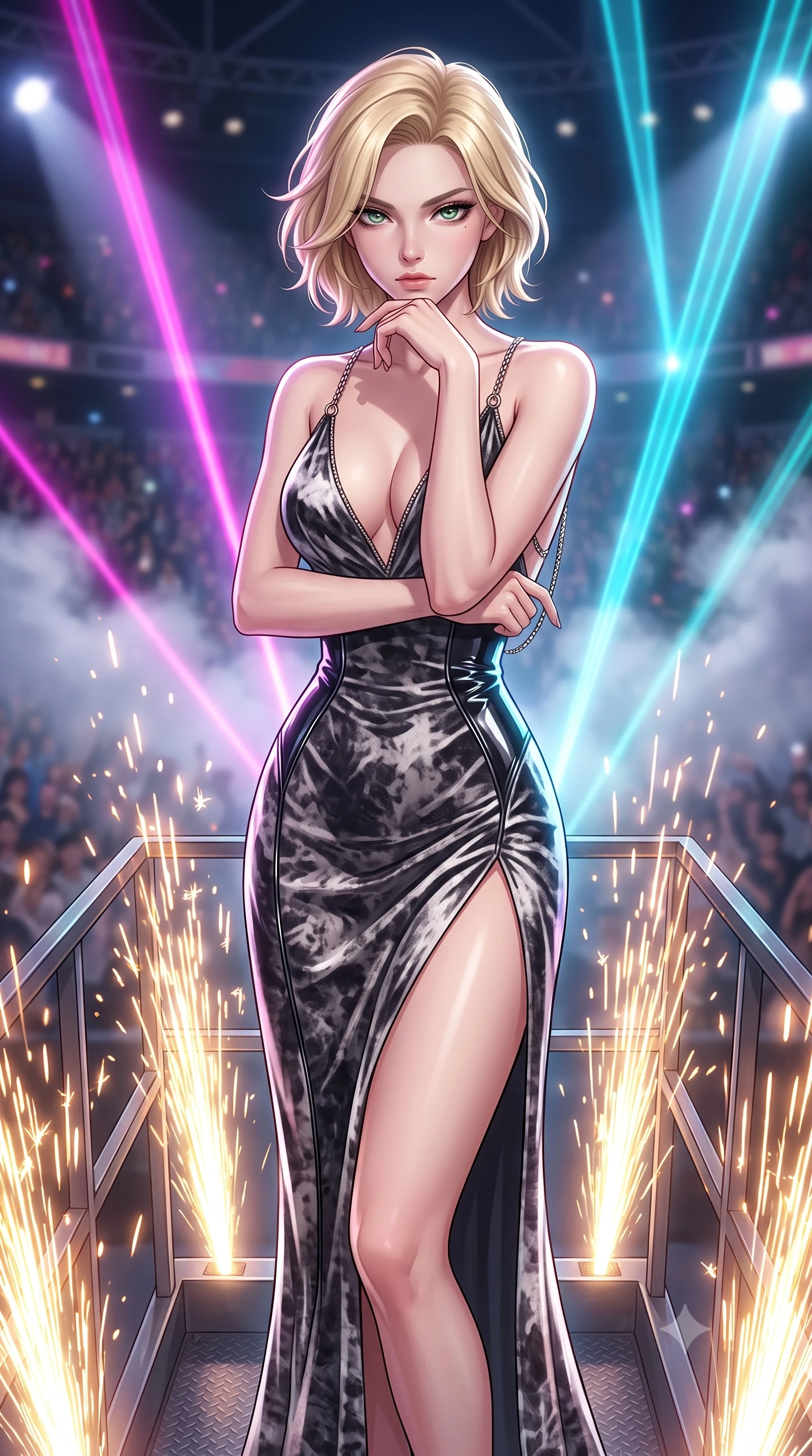 score_9, masterpiece, best quality, ultra-detailed, high-budget anime keyframe, editorial fashion photography, tasteful artistic composition, Caucasian woman. close-up cowboy shot from the waist and thighs up, the character dominates the composition, filling the frame with her large presence, background elements kept in soft focus. Resting her chin on the backs of her fingers, casting a sharp, mysterious gaze poised on a hydraulic lift platform surrounded by dazzling pyrotechnic sparks, intense volumetric laser beams cutting through stage fog in magenta and cyan. She has an exceptionally elegant, slender, and willowy female figure with an ultra-slim waist, a gracefully sculpted slender torso, and a refined silhouette. sharp v-shaped jawline, high-bridge nose, intricate jewel-like eyes with depth, thick eyelashes, glossy lips with a natural sheen. wearing a backless crushed velvet gown with a deep V-neckline and high thigh slit in charcoal grey and platinum, tailored from high-gloss patent leather, adorned with delicate metallic chain straps along the neckline, the form-contouring material highlighting her ultra-slim waist and long lines. illuminated by golden spark explosions and high-contrast concert lighting. highly saturated vibrant anime colors, detailed shading with soft gradients, rich glossy textures, high-contrast stereoscopic depth, volumetric dynamic lighting, master piece, 9:16 ratio