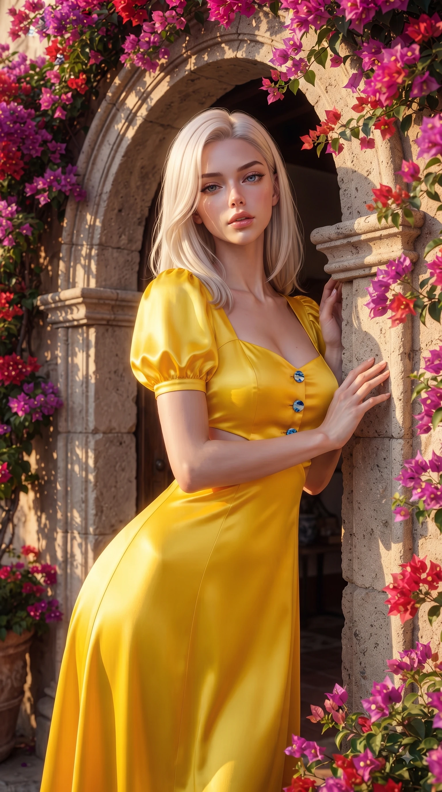 score_9, masterpiece, best quality, ultra-detailed, high-budget anime keyframe, editorial fashion photography, tasteful artistic composition, Caucasian woman. close-up cowboy shot from the waist and thighs up, the character dominates the composition, filling the frame with her large presence. Sensual alluring expression with smoldering intensity, half-closed bedroom eyes, and softly parted glossy lips while leaning against a classic stone archway framed by trailing bougainvillea flowers. The surrounding environment is rendered in vivid detail and crisp panoramic clarity. vibrant bougainvillea blossoms, historic archways, and detailed architectural shadows in panoramic clarity. She has an exceptionally elegant, slender, and willowy female figure with an ultra-slim waist, a gracefully sculpted slender torso, and a refined silhouette. sharp v-shaped jawline, high-bridge nose, intricate jewel-like eyes with depth, thick eyelashes, glossy lips with a natural sheen, flawlessly proportioned anatomical accuracy, natural body alignment, perfectly sculpted elegant limbs, clean dynamic posture without body distortion. wearing a bright canary yellow cotton sundress with short puff sleeves and wooden buttons in electric azure blue and cloud white, crafted from smooth liquid silk satin, complemented by clean architectural seams and subtle cutouts, the form-contouring material accentuating her ultra-slim waist and long lines. bathed in dramatic golden hour sunbursts casting long cinematic shadows. ultra-reflective glossy finish, specular highlights, metallic sheen, high-contrast stereoscopic depth, volumetric dynamic lighting, 2k, ultra detail, master piece, 9:16 ratio