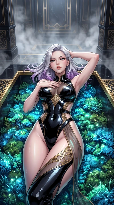 score_9, masterpiece, best quality, ultra-detailed, High-budget Anime Keyframe, Caucasian woman, strictly human ears. Low angle cowboy shot filling the entire 9:16 frame with her statuesque presence. Scenario 315: lying gracefully on a bed of biolumi