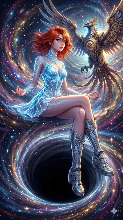 score_9, masterpiece, best quality, ultra-detailed, Set A: High-budget Anime Keyframe, Japanese woman. Low angle cowboy shot filling the entire 9:16 frame with her statuesque presence. Theme: Historical Remix. meditating in the edge of a black hole, 