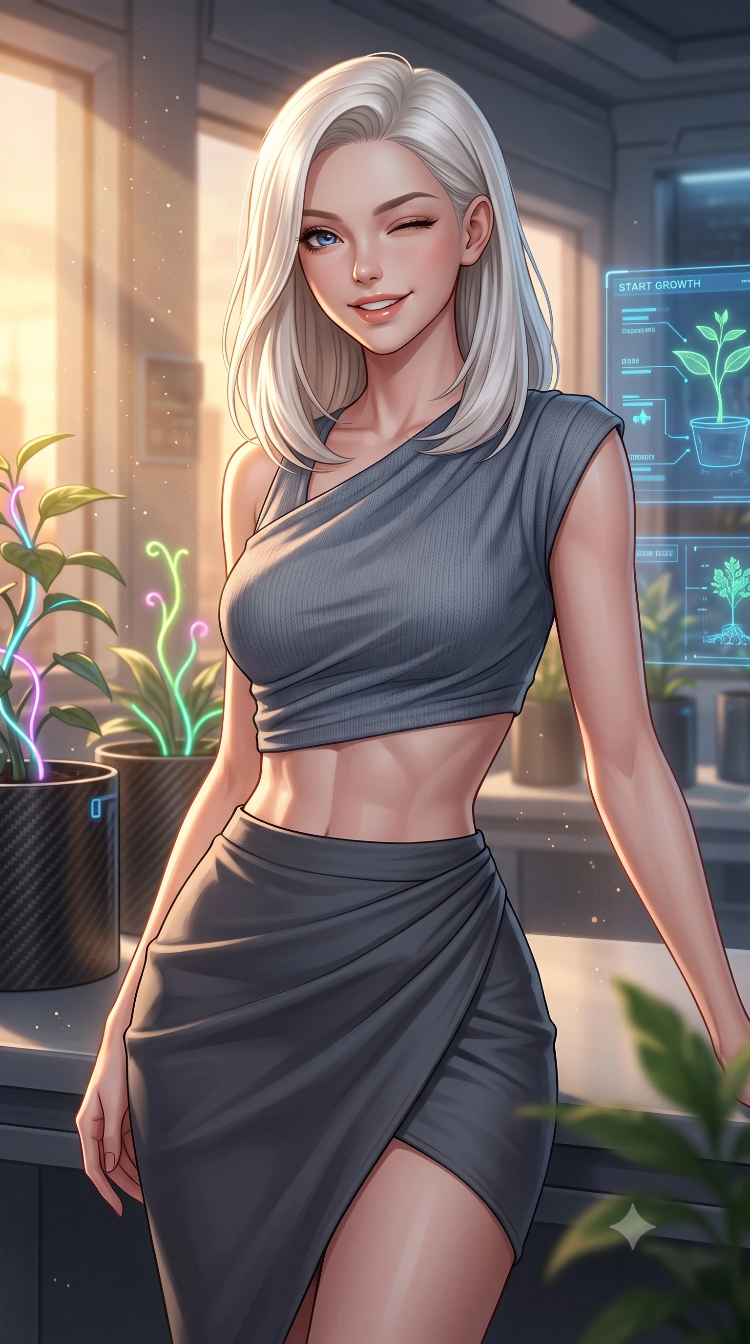 score_9, masterpiece, best quality, ultra-detailed, high-budget anime keyframe, editorial fashion photography, tasteful artistic composition, Caucasian woman, strictly human ears. close-up cowboy shot from the waist and thighs up, the character dominates the composition, filling the frame with her large presence, background elements kept in soft focus. Winking playfully with a cheerful grin and a lighthearted expression. set against a soft-focus background of inside a high-tech botanical research laboratory with carbon-fiber pots, neon-vined plants, and blue status displays mapping their growth. She has an exceptionally elegant, slender, and willowy female figure with a highly-defined ultra-slim waist, a gracefully sculpted slender torso, and a refined slim-fit silhouette that contours her form. sharp v-shaped jawline, high-bridge nose, intricate jewel-like eyes with depth, thick eyelashes, glossy lips with a natural sheen. wearing an asymmetric draped knit top in slate grey, paired with a matching high-waisted charcoal wrap skirt wrapping her hips. golden hour sunlight streaming in warm shafts with floating dust particles catching the light. 2k, ultra detail, master piece, 9:16 ratio