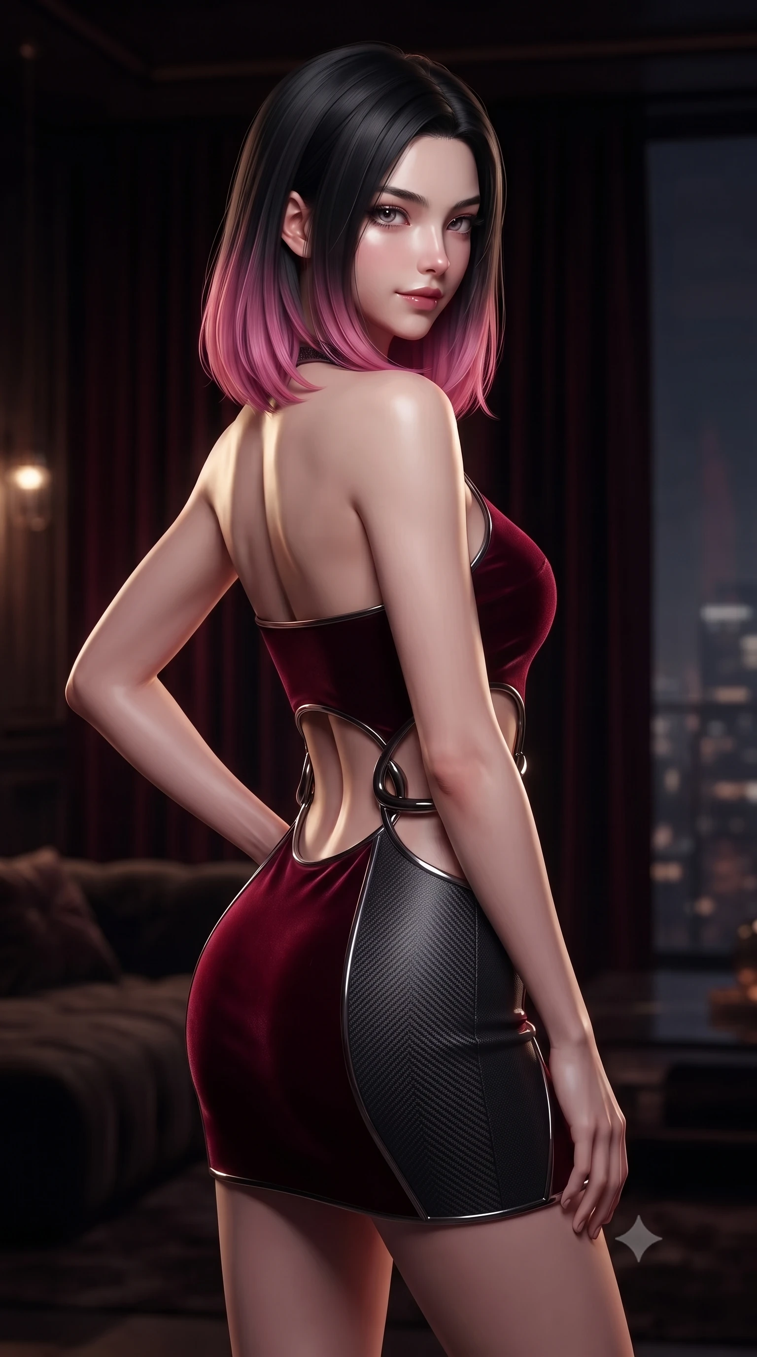 score_9, masterpiece, best quality, ultra-detailed, high-budget anime keyframe, editorial fashion photography, tasteful artistic composition, Korean woman. close-up cowboy shot from the waist and thighs up, the character dominates the composition, filling the frame with her large presence, background elements kept in soft focus. Holding a confident power pose with one hand on her hip, looking back over her bare shoulder in a dimly lit private penthouse boudoir, magnetic, smoldering half-smile as she glances sidelong into the camera. She has an exceptionally elegant, slender, and willowy female figure with an ultra-slim waist, a gracefully sculpted slender torso, and a refined silhouette. sharp v-shaped jawline, high-bridge nose, intricate jewel-like eyes with depth, thick eyelashes, glossy lips with a natural sheen. wearing dramatic architectural open-waist cutout mini dress in dark velvet framed by chrome hardware in deep crimson burgundy, made of matte carbon-fiber weave, accented with sculpted obsidian chrome rings at the waist, sculpting her athletic slender build with refined precision. surrounded by a moody crimson and gold glow with sharp edge highlights. ultra-reflective glossy finish, specular highlights, metallic sheen, high-contrast stereoscopic depth, volumetric dynamic lighting, 2k, ultra detail, master piece, 9:16 ratio